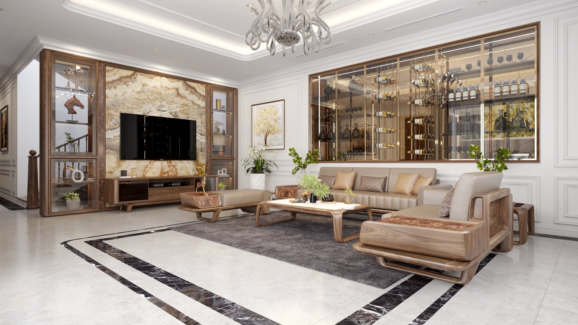 Kệ tủ rượu phòng khách âm tường bằng gỗ MDF phủ laminate màu nâu đỏ, mặt kính cường lực sang trọng