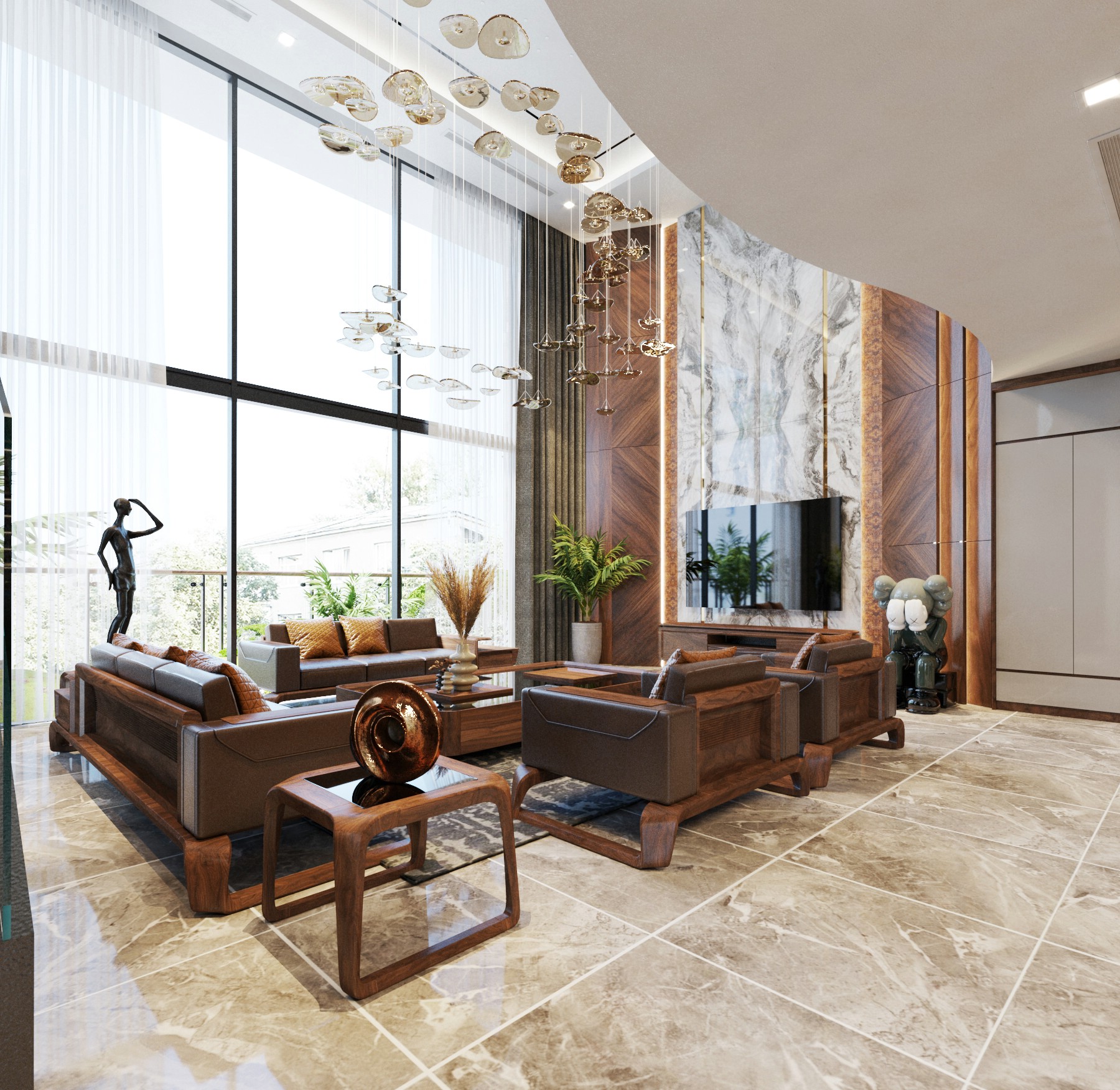 Mẫu bàn ghế gỗ phòng khách gỗ óc chó hoặc gỗ gụ sang trọng với bàn trà đá đen