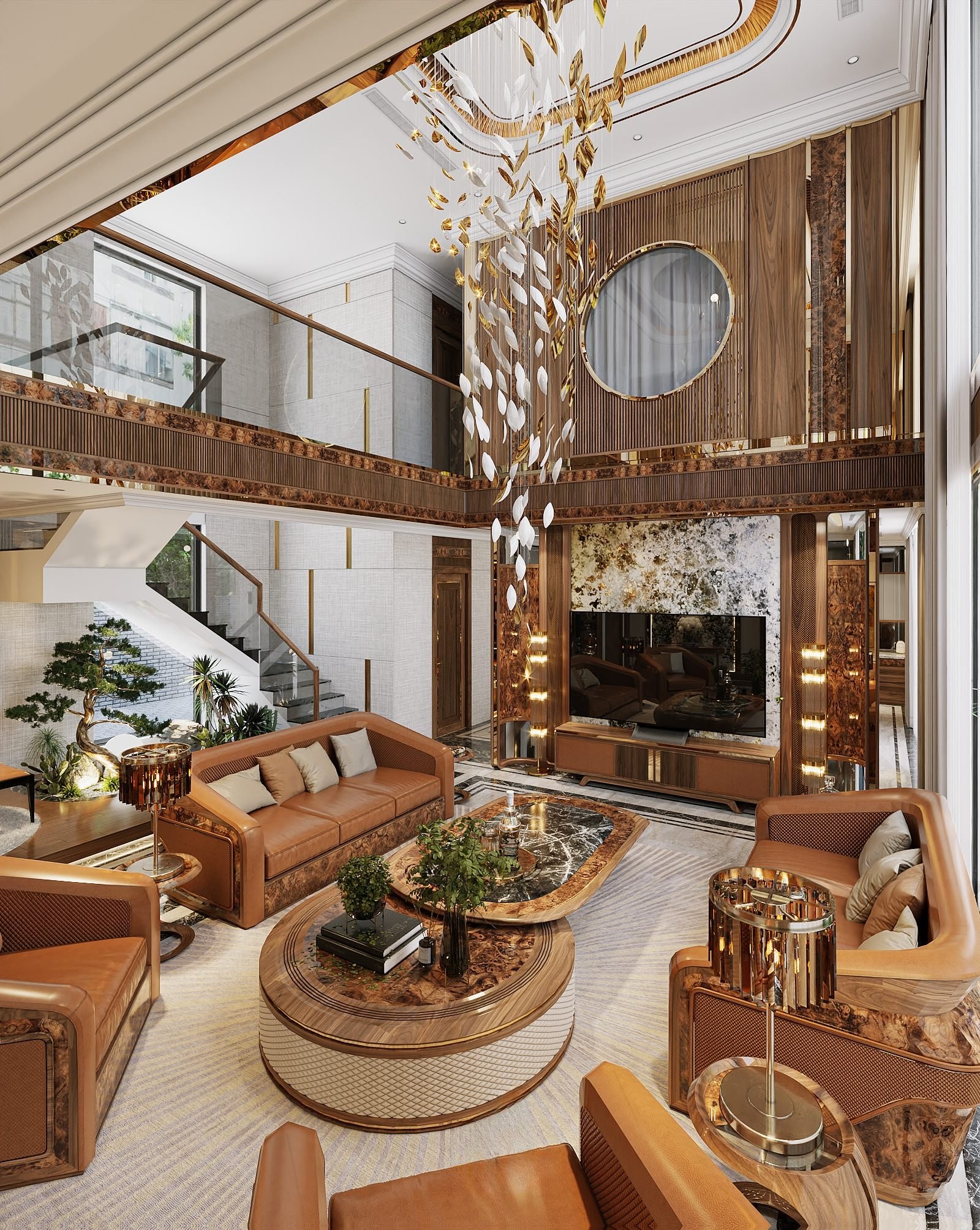 Mẫu bàn trà đẹp hiện đại với thiết kế hai tầng tách rời kết hợp mặt đá và gỗ veneer