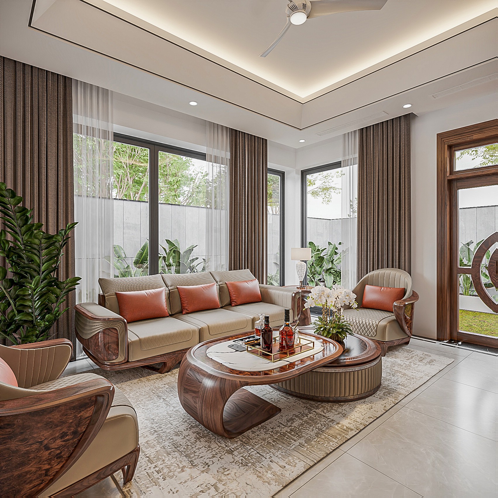 Mẫu bàn trà đẹp gỗ óc chó với thiết kế 2 tầng tách rời sang trọng