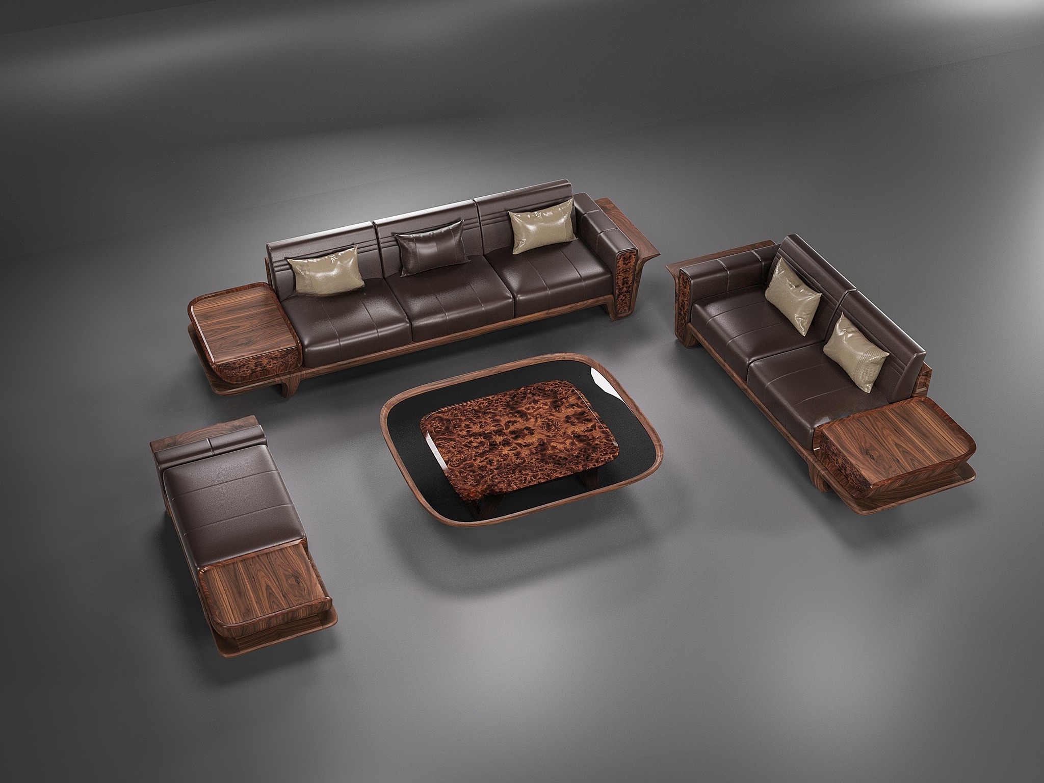 Mẫu bộ bàn ghế phòng khách đẹp bằng gỗ tự nhiên chữ U với đệm da nâu đen