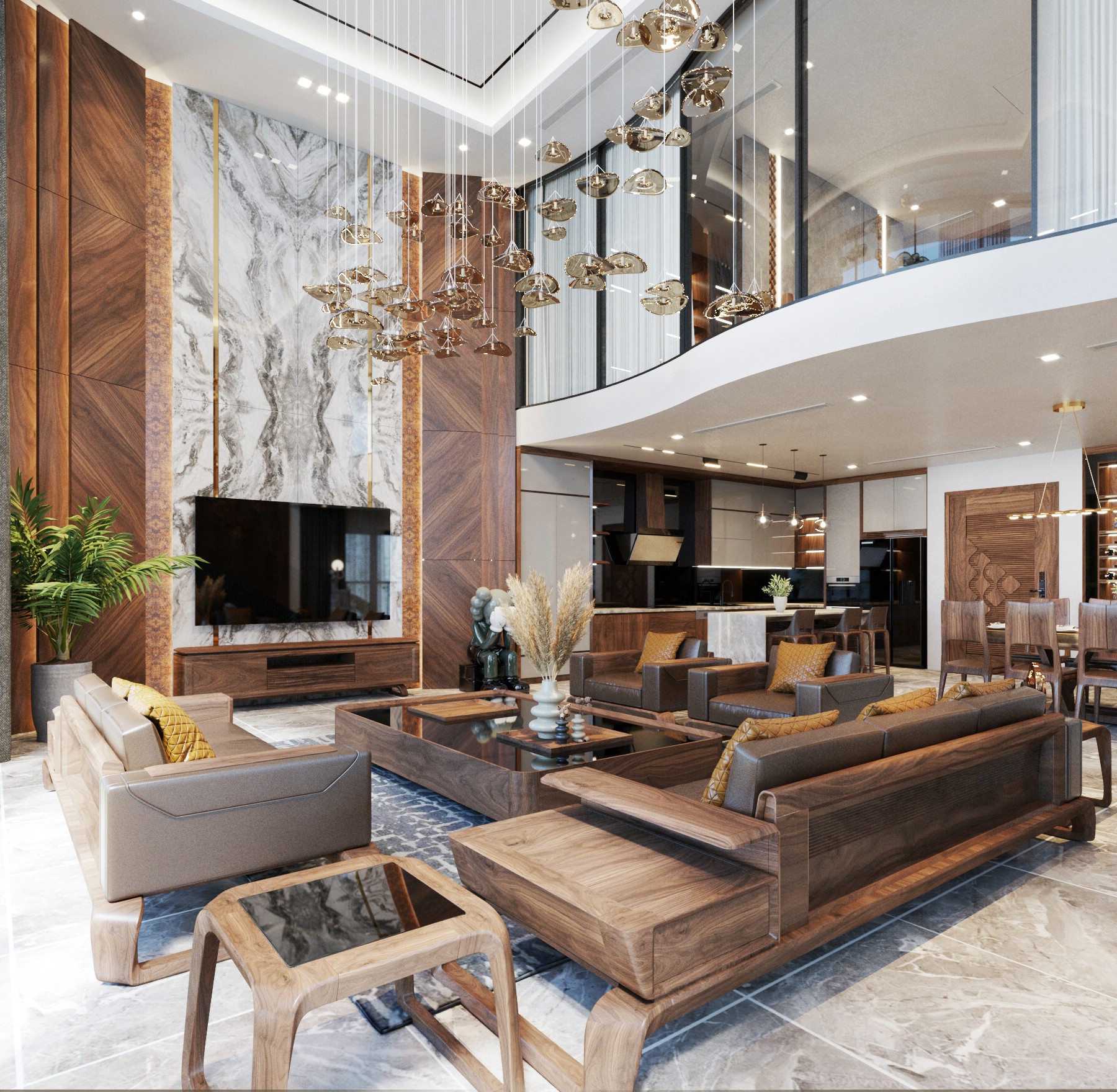 Mẫu ghế sofa gỗ đẹp bằng gỗ óc chó tự nhiên kết hợp đệm da nâu sẫm cho phòng khách hiện đại