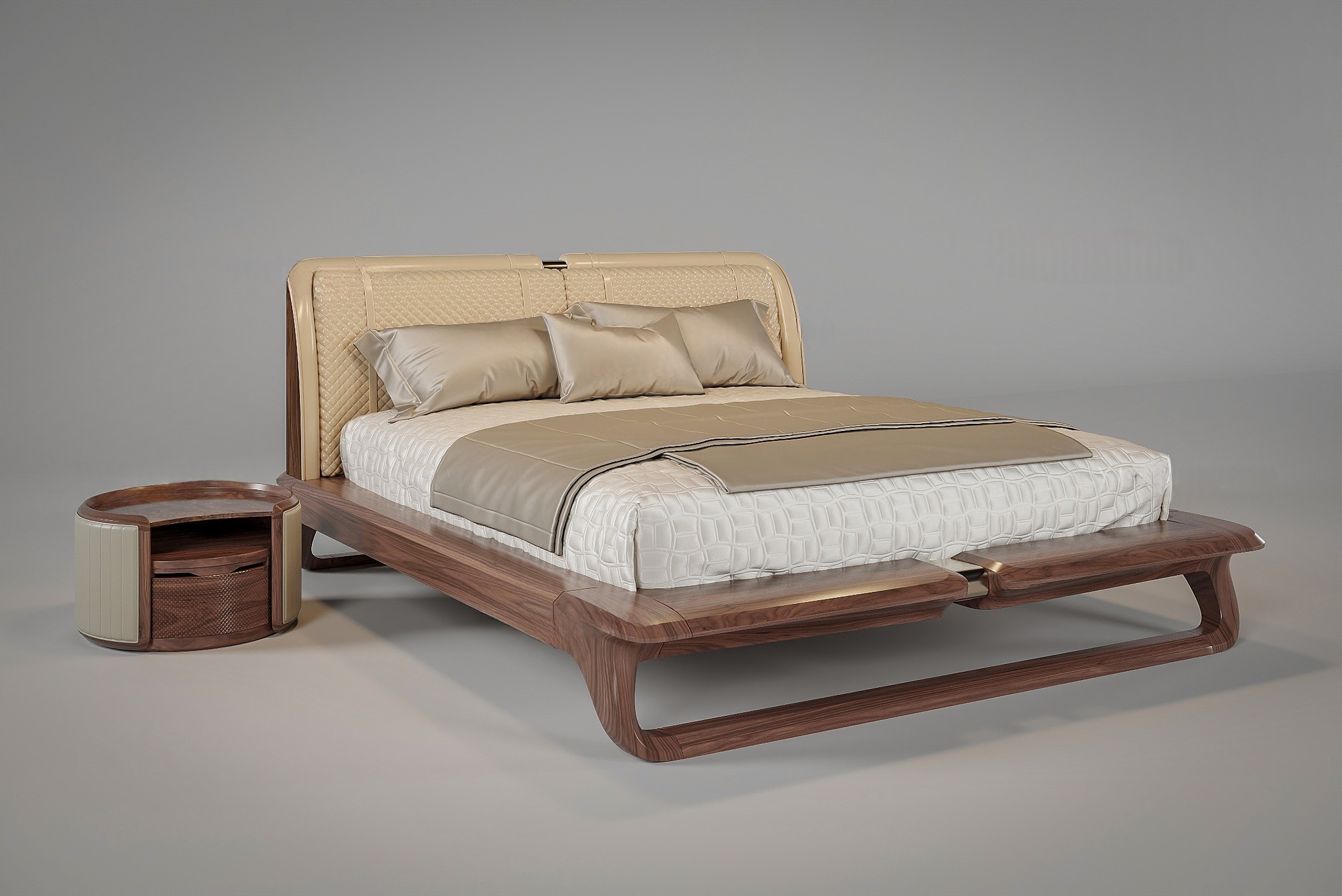 Mẫu giường gỗ hiện đại với đầu giường bọc da chần quả trám và chân chữ U liền khối