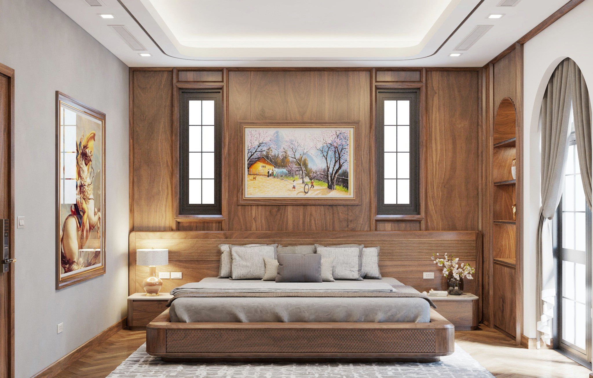 Mẫu giường ngủ gỗ đẹp dáng hộp chữ nhật CNC mắt cáo và tab mặt đá trắng