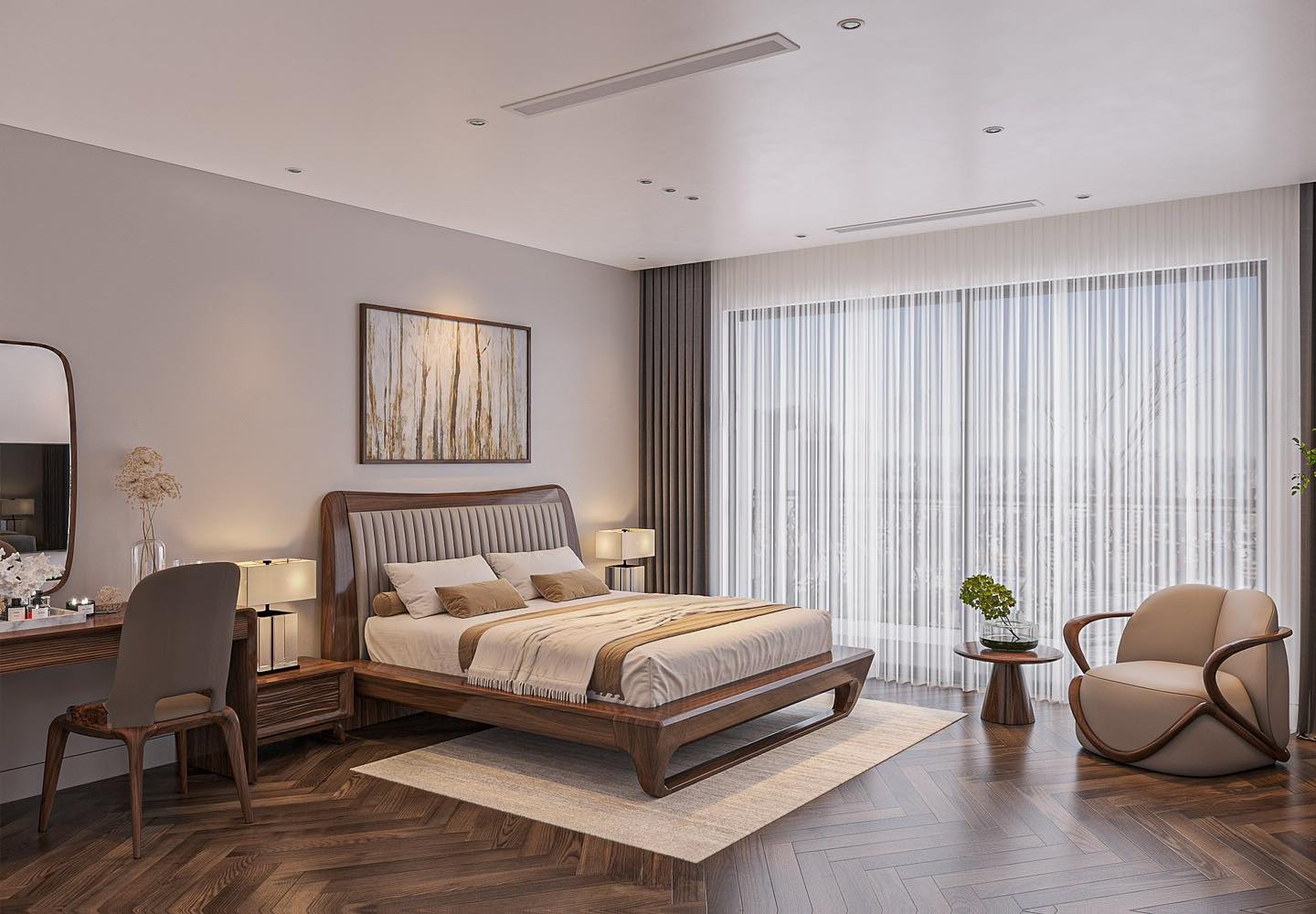 Mẫu giường ngủ gỗ tự nhiên hiện đại với tựa nệm vải kẻ sọc ghi đá