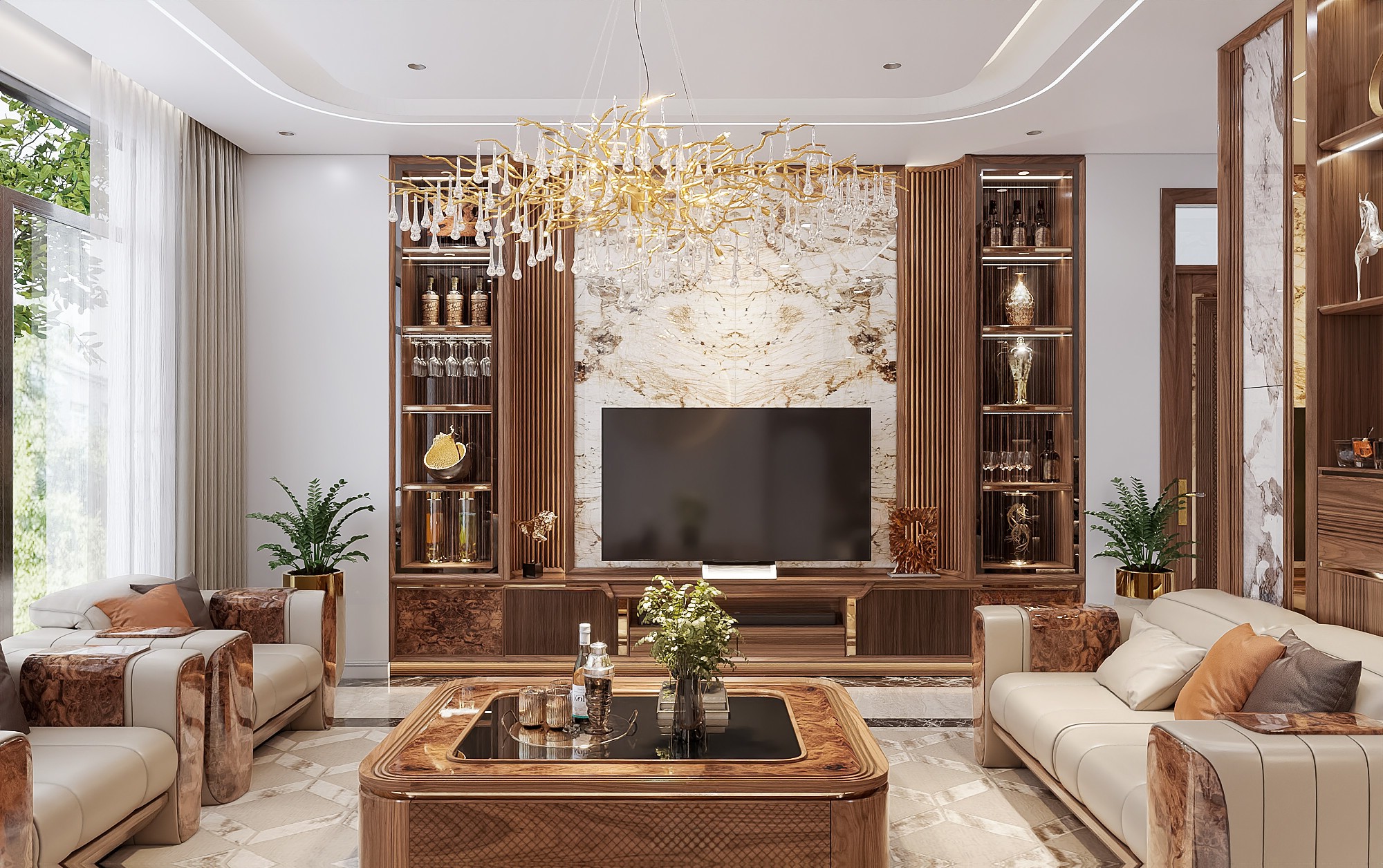 Mẫu kệ tivi gỗ đẹp hiện đại gỗ óc chó với thiết kế sang trọng