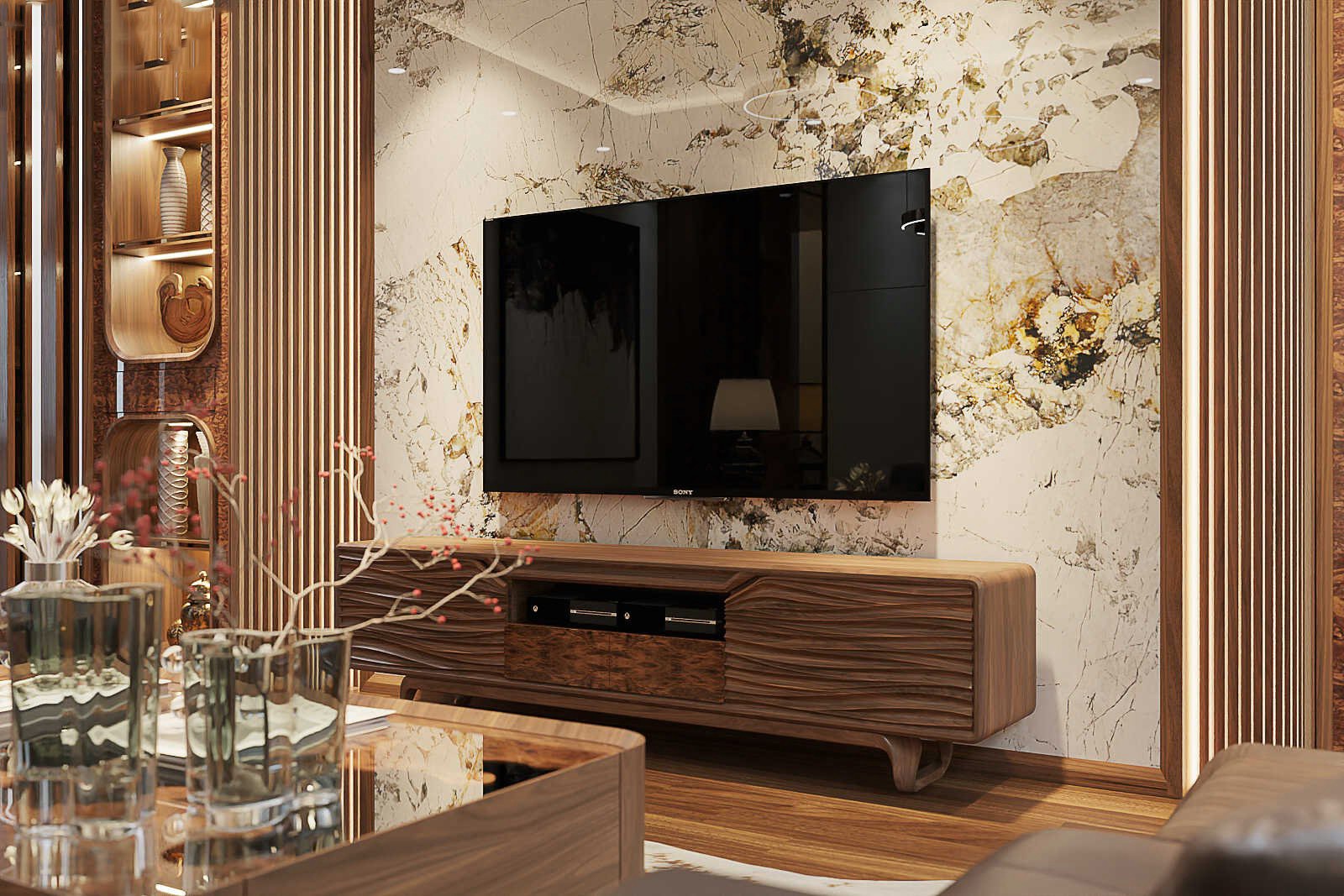 Mẫu kệ tivi gỗ óc chó hiện đại với ngăn kéo veneer nu và cánh CNC sóng