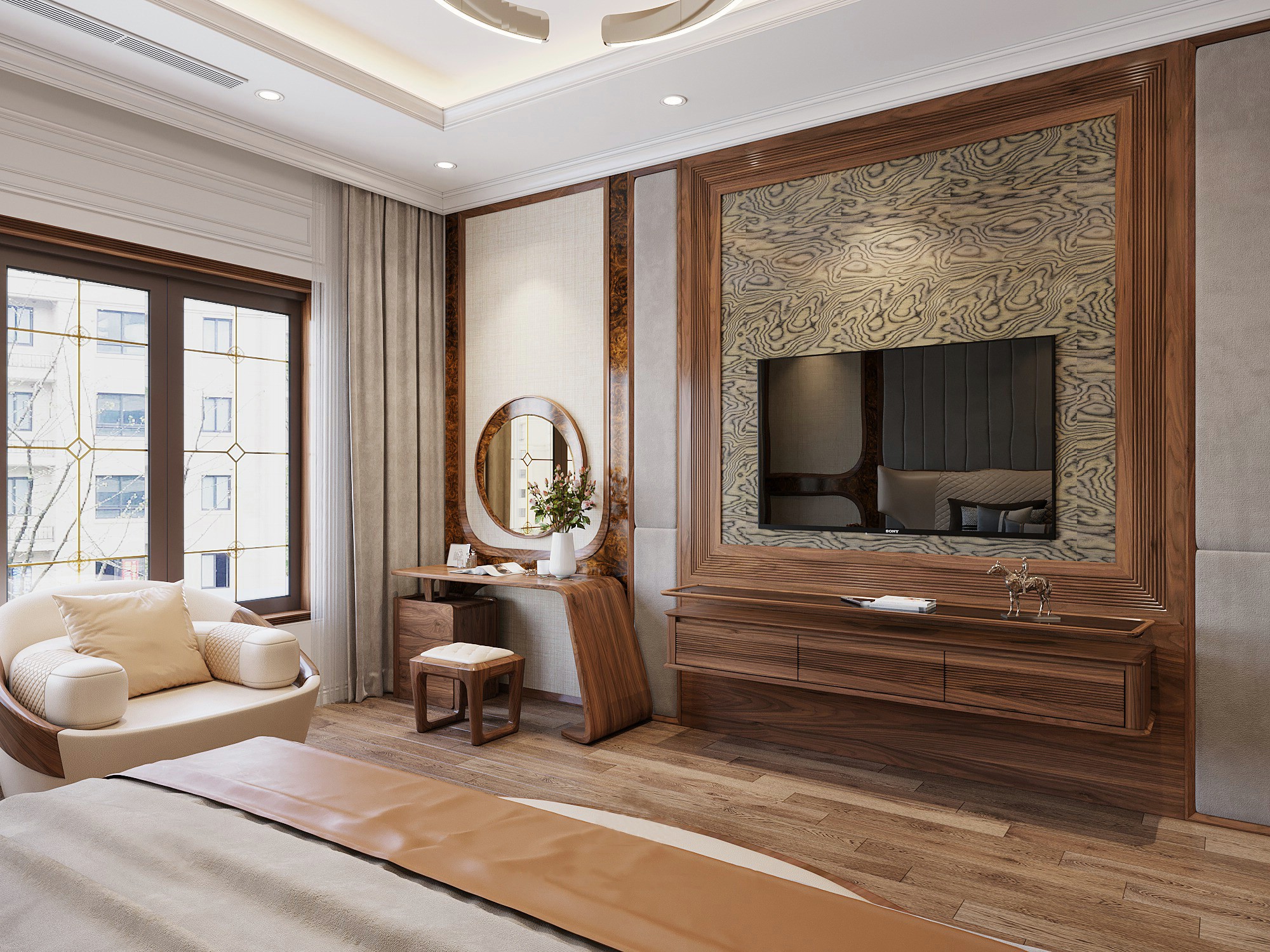 Mẫu kệ tivi treo tường hiện đại gỗ óc chó – gỗ sồi với thiết kế 3 ngăn kéo CNC kẻ ngang