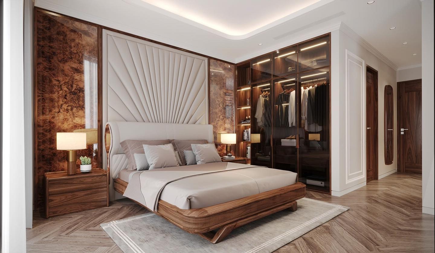 Mẫu nội thất phòng ngủ hiện đại với tủ quần áo âm tường, giường gỗ CNC và tường ốp veneer nu