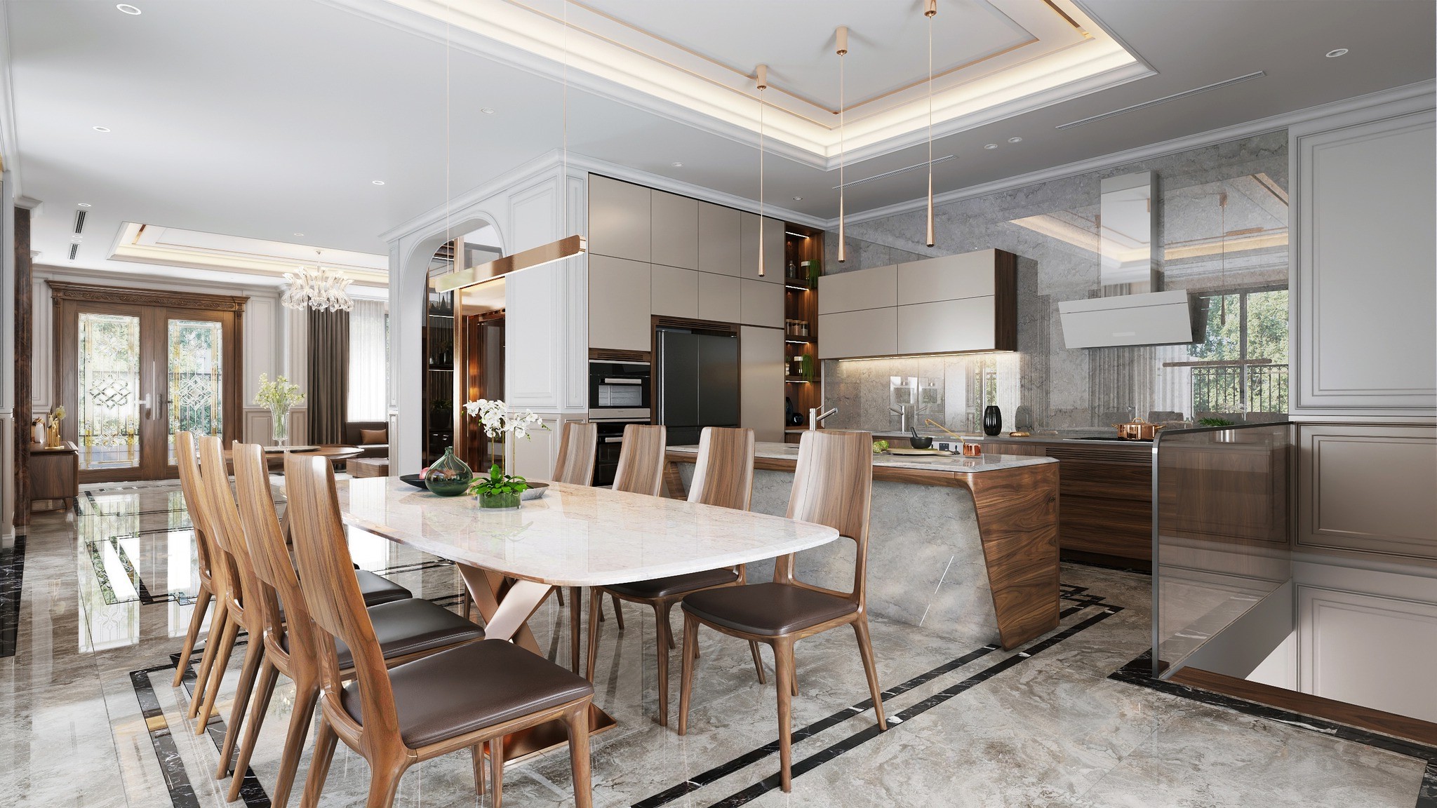 Mẫu phòng bếp đẹp hiện đại với tủ bếp chữ L, bàn đảo và bàn ăn đá marble Mẫu phòng bếp đẹp hiện đại với tủ bếp chữ L, bàn đảo và bàn ăn đá marble