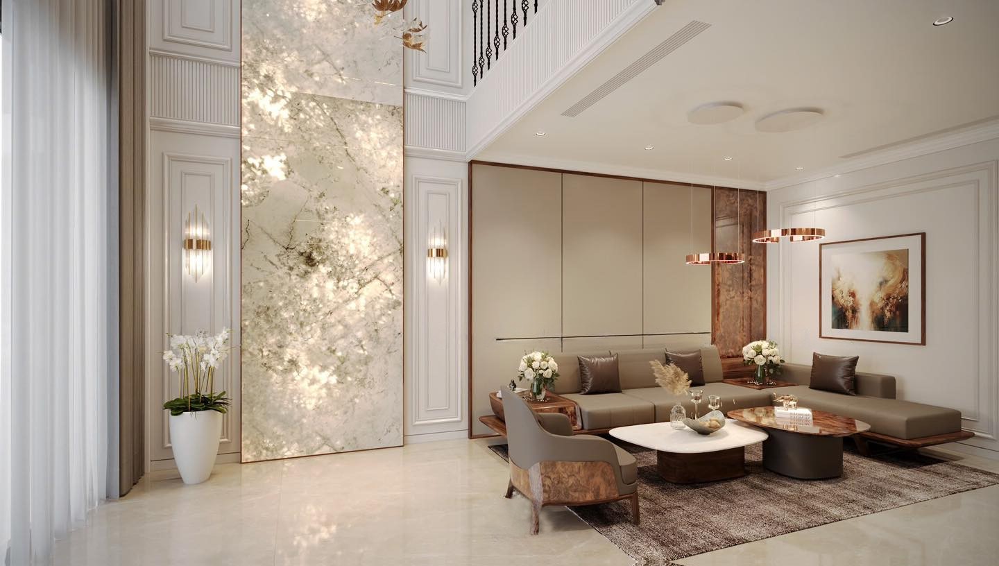 Mẫu sofa gỗ chữ L đẹp với ghế đơn veneer nu và bàn trà đôi