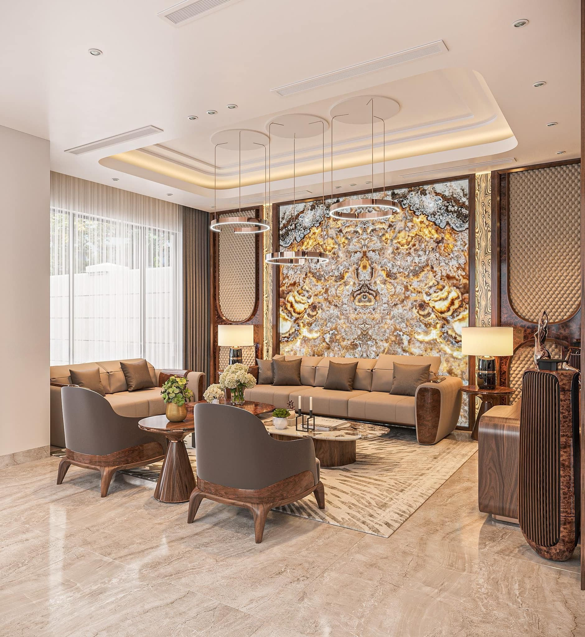 Mẫu sofa gỗ đẹp hiện đại gỗ tự nhiên với đệm da PU nâu be và bàn trà mặt đá