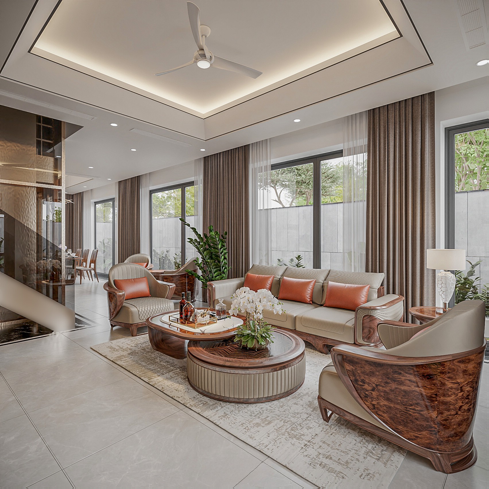 Mẫu sofa gỗ đẹp với ghế đơn veneer nu và bàn trà đôi