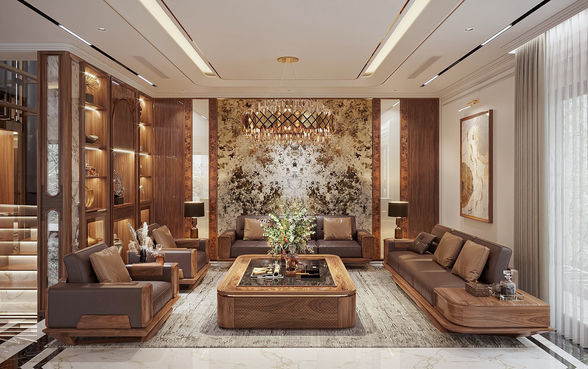 Mẫu sofa gỗ óc chó tự nhiên với sofa văng, ghế đơn và bàn trà CNC mắt cáo