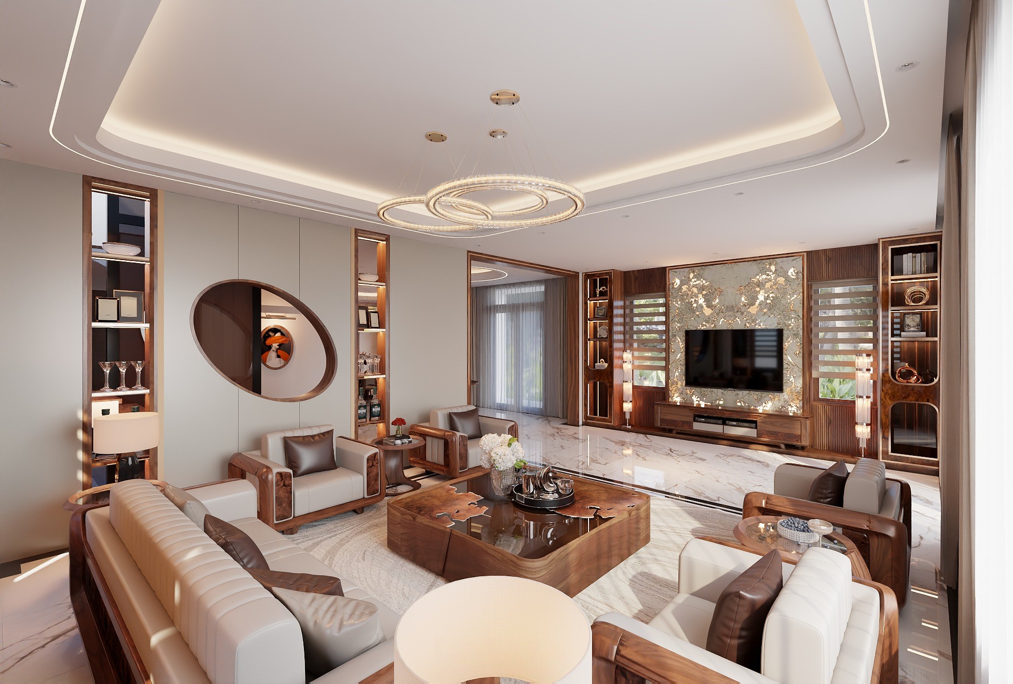 Mẫu phòng khách đẹp với bàn ghế gỗ, bàn trà vuông và kệ tivi sát sàn