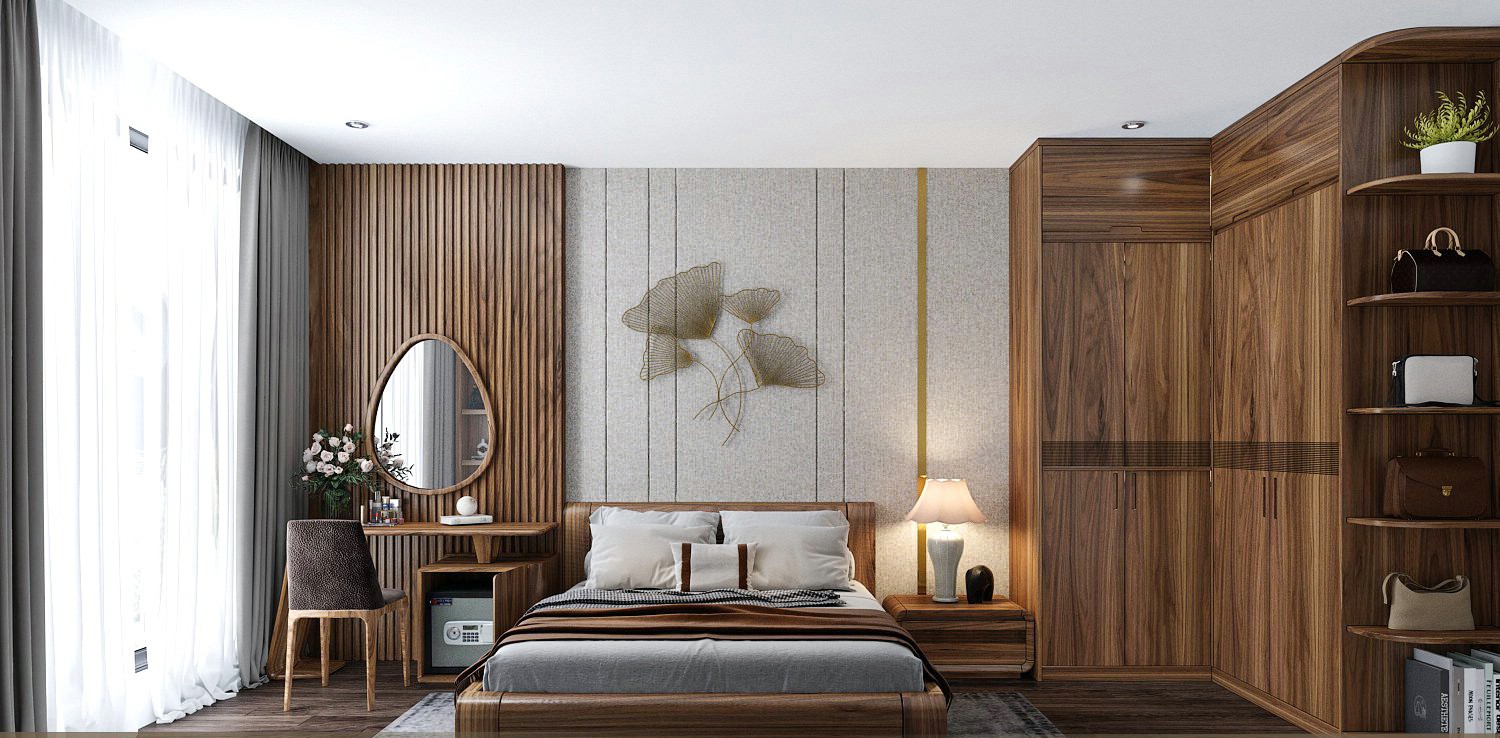 Mẫu thiết kế phòng ngủ hiện đại với tủ quần áo chữ L và giường gỗ óc chó