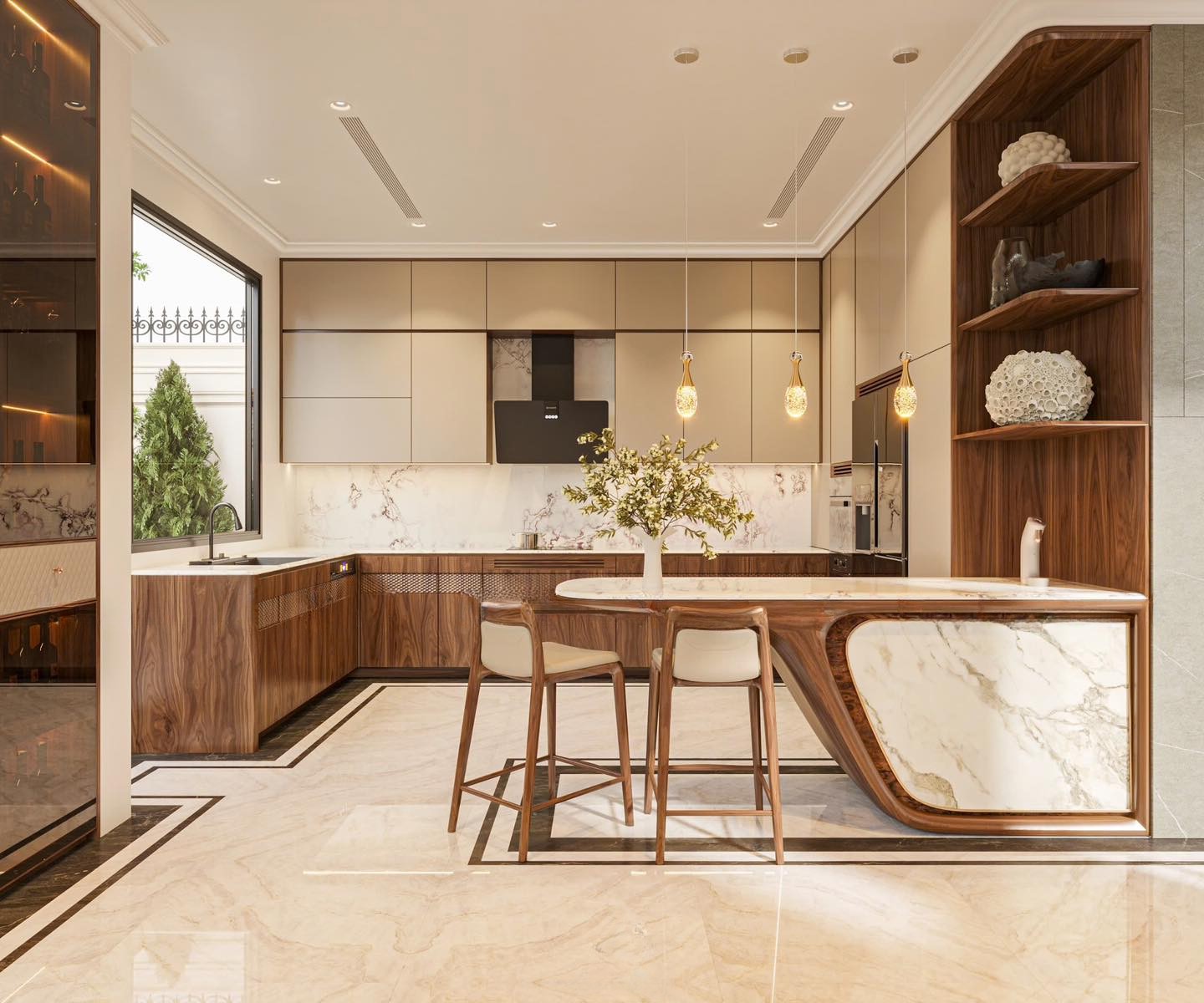 Mẫu tủ bếp gỗ đẹp chữ L gỗ MDF lõi xanh phủ acrylic trắng hiện đại