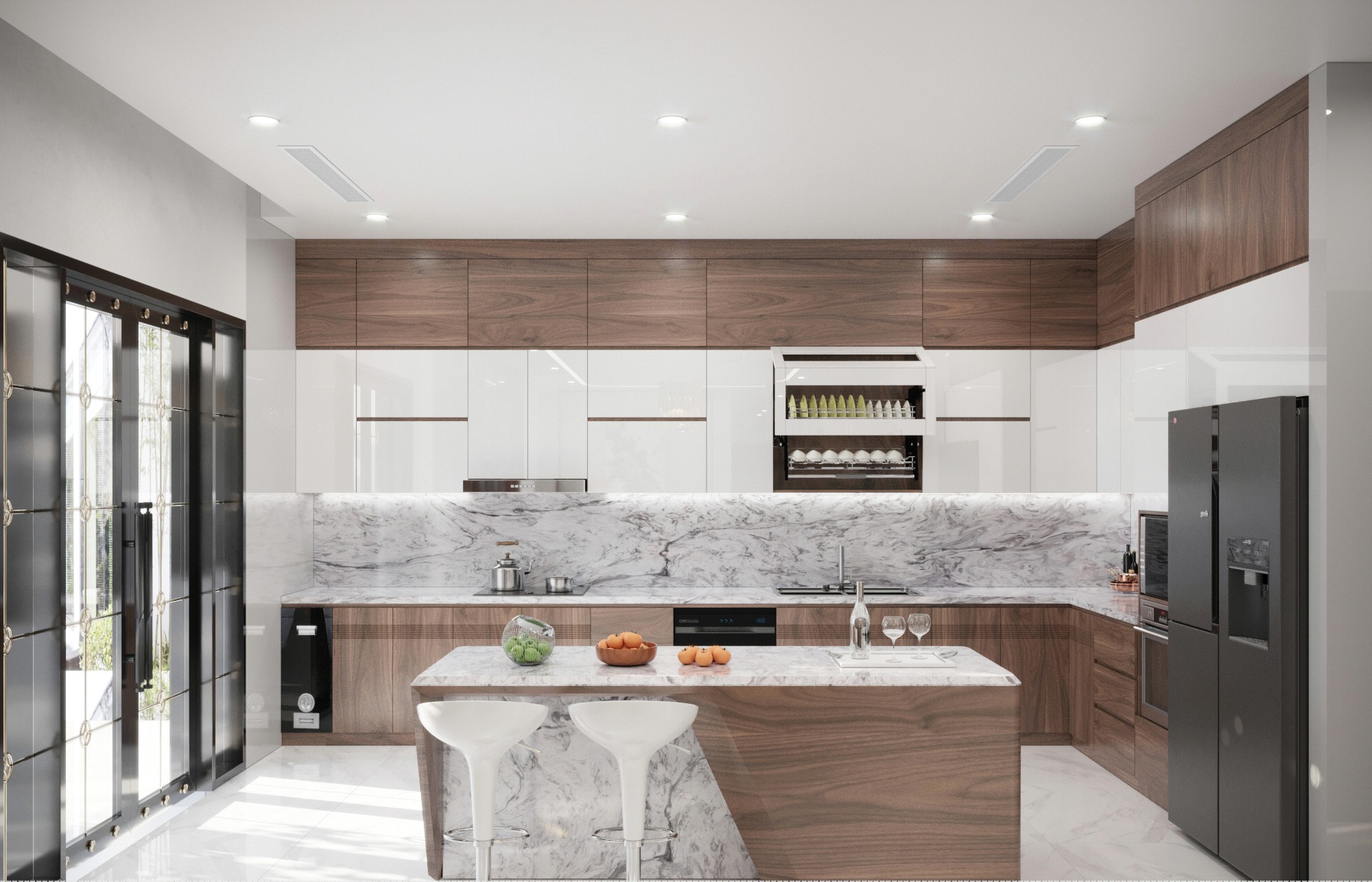 Mẫu tủ bếp gỗ tự nhiên chữ L cao kịch trần với bàn đảo ốp đá granite trắng