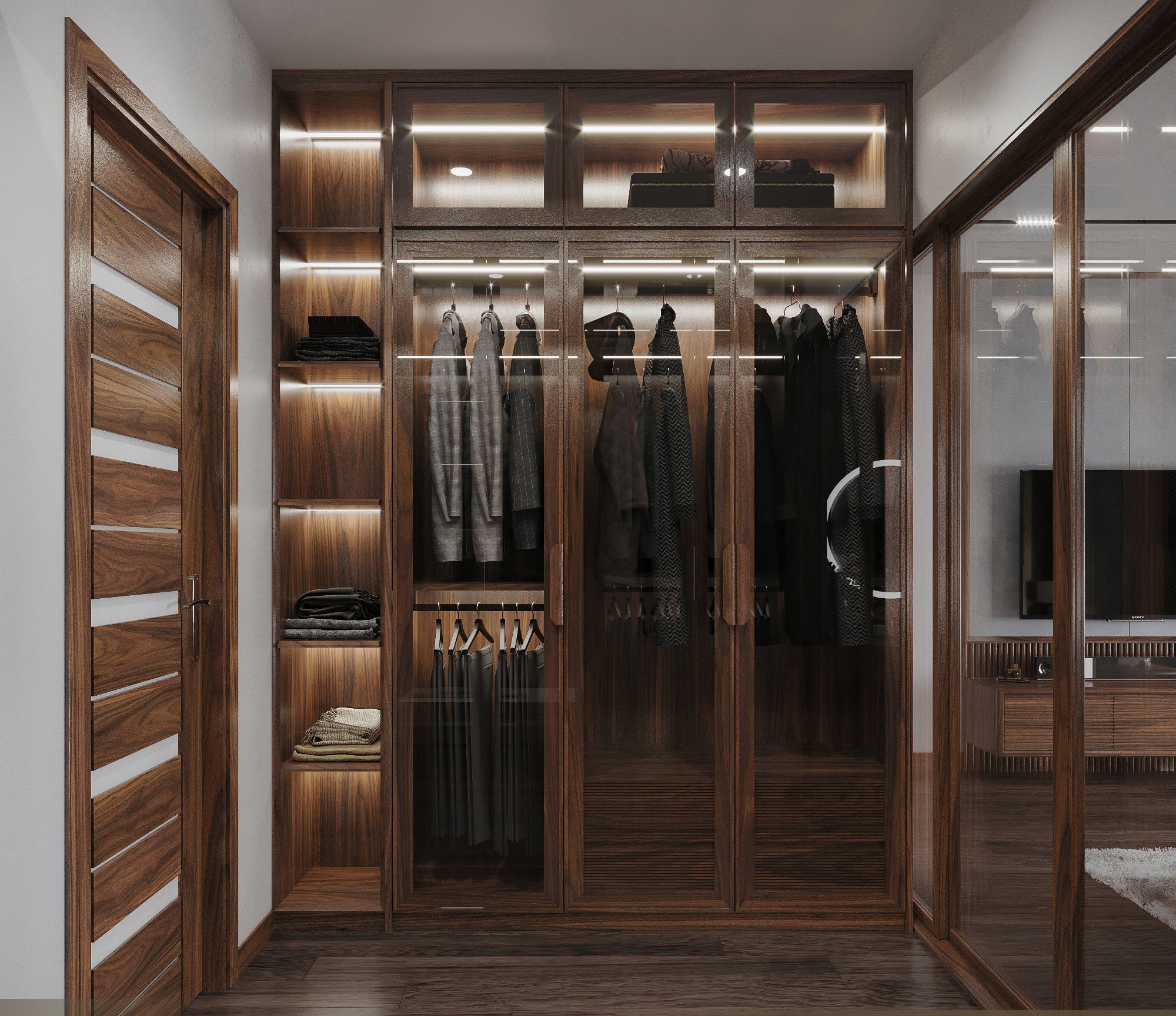 Mẫu tủ quần áo gỗ óc chó dáng chữ I cao kịch trần với cánh kính hiện đại