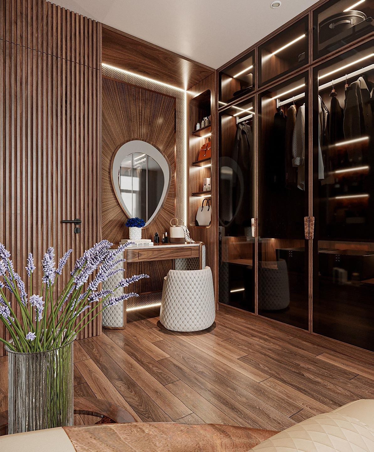 Mẫu tủ quần áo kết hợp bàn trang điểm gỗ óc chó cao cấp cánh kính hiện đại