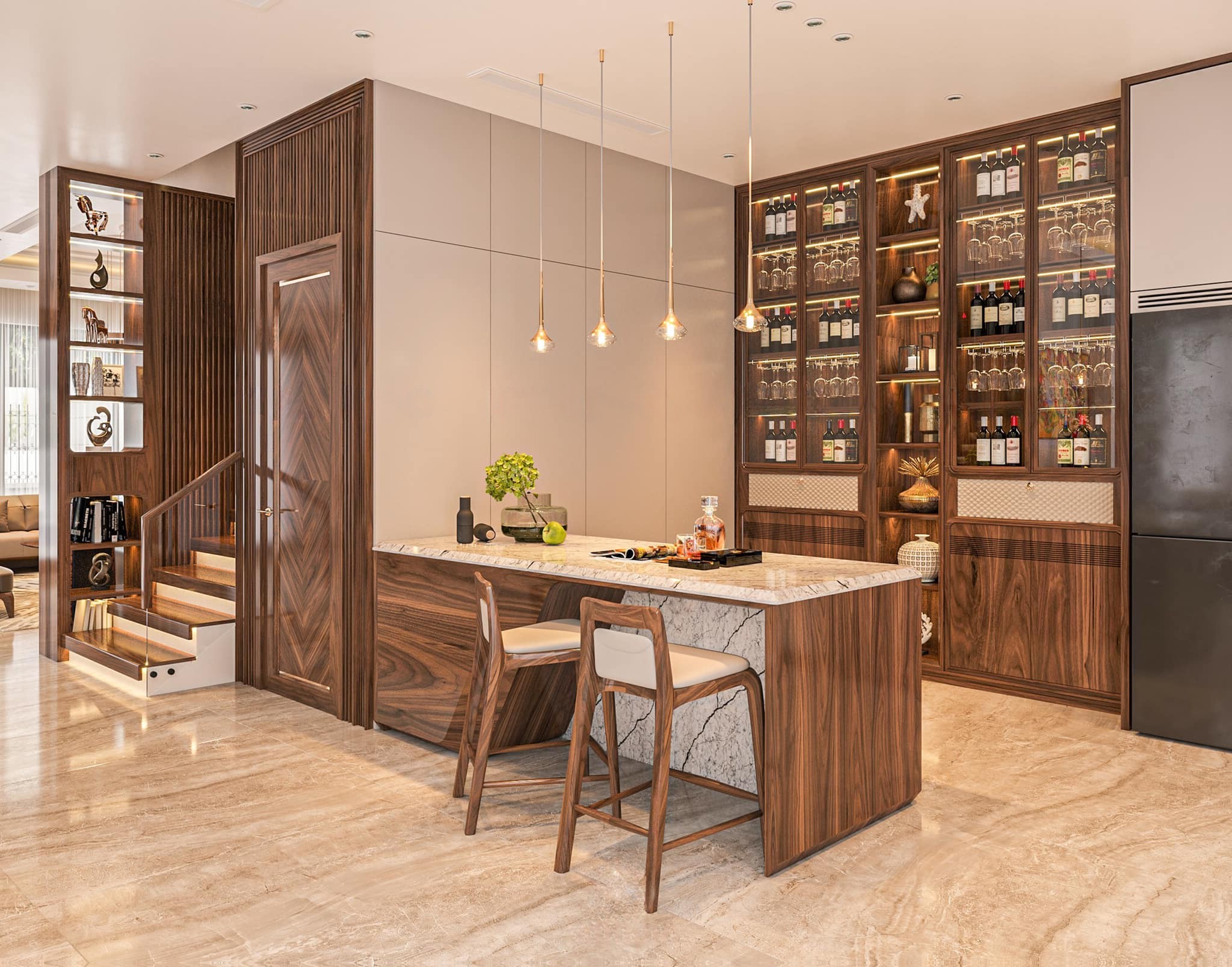 Mẫu tủ rượu hiện đại âm tường gỗ óc chó hoặc gỗ sồi với đèn led sang trọng