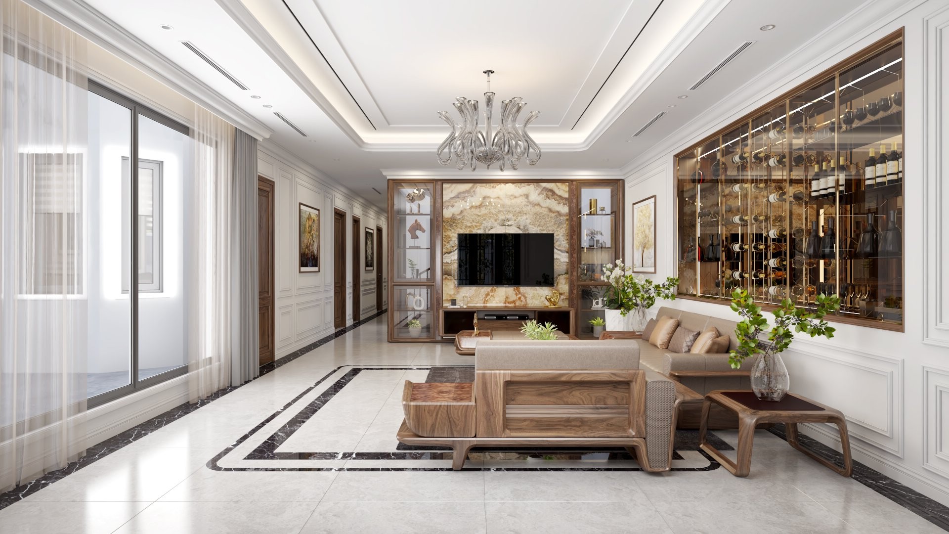 Mẫu tủ rượu phòng khách âm tường cánh kính khung mạ vàng đồng