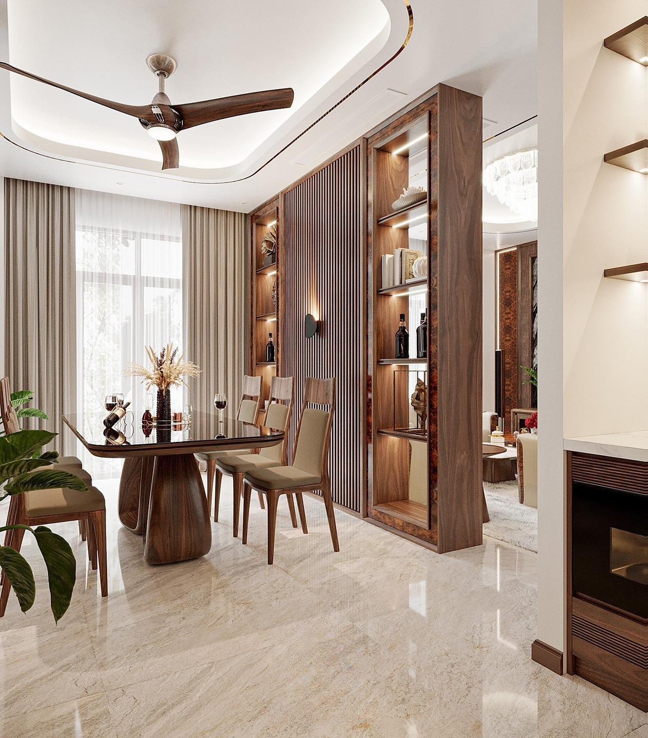 Mẫu vách ngăn đẹp cho phòng khách và phòng ăn bằng gỗ veneer óc chó với kệ  trang trí và đèn led hiện đại