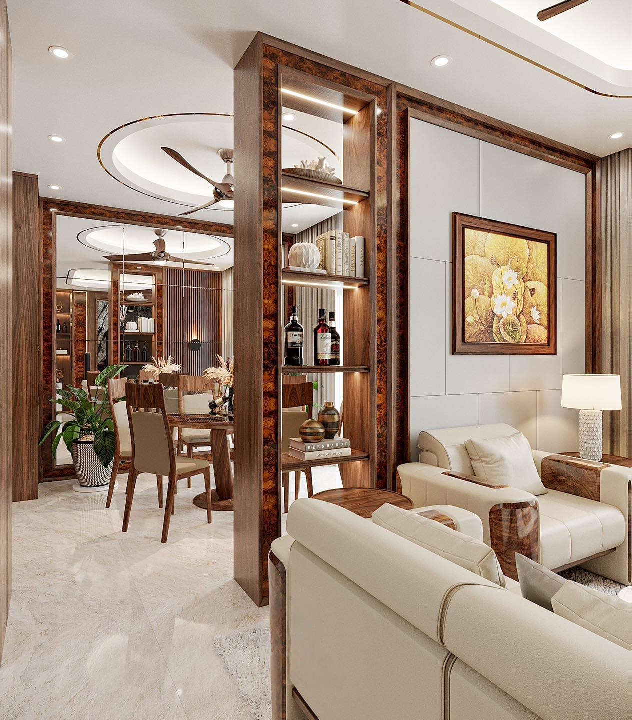 Mẫu vách ngăn phòng khách và bếp cao kịch trần bằng gỗ sồi tự nhiên