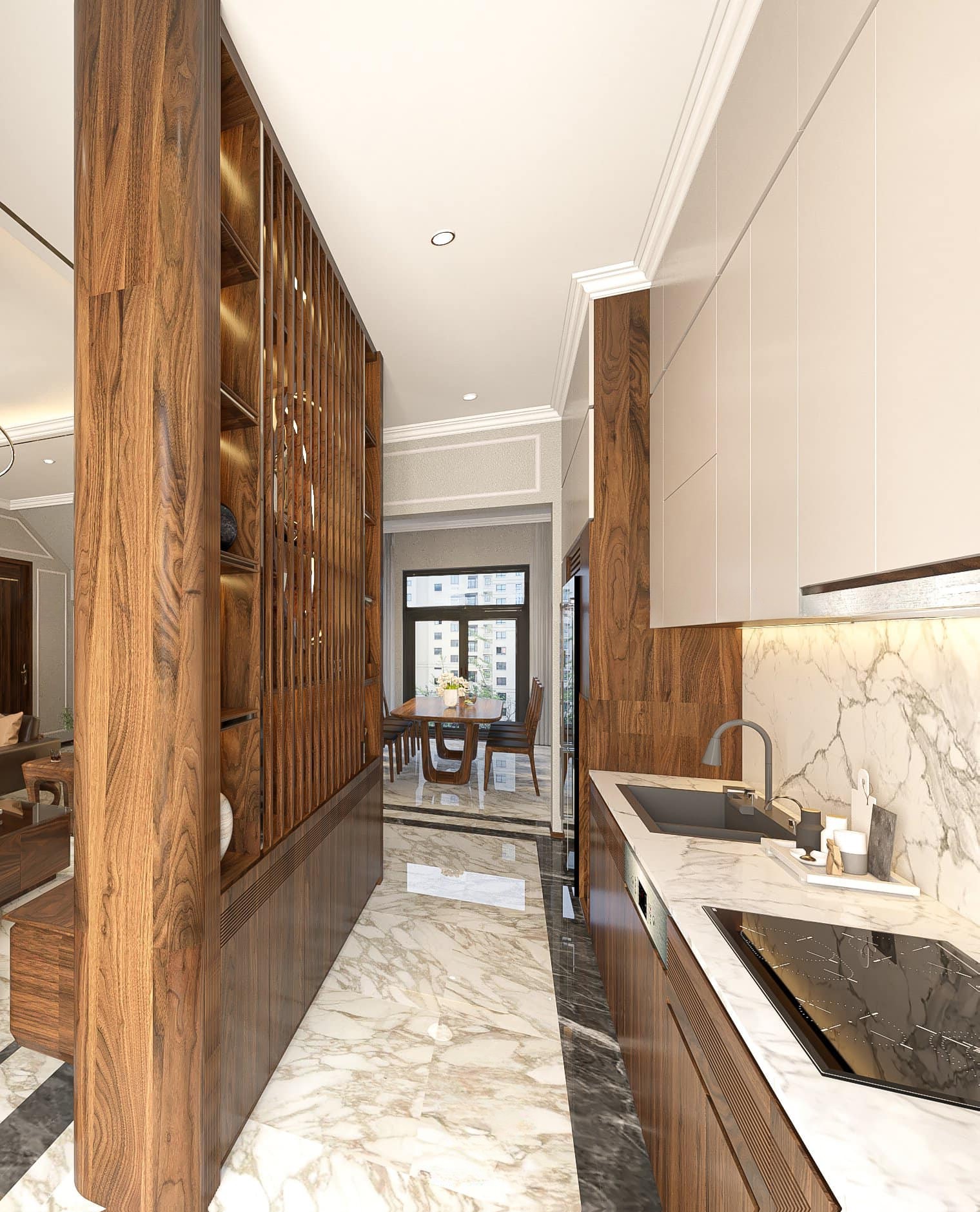 Mẫu vách ngăn phòng khách và phòng ăn bằng gỗ óc chó có kệ trang trí