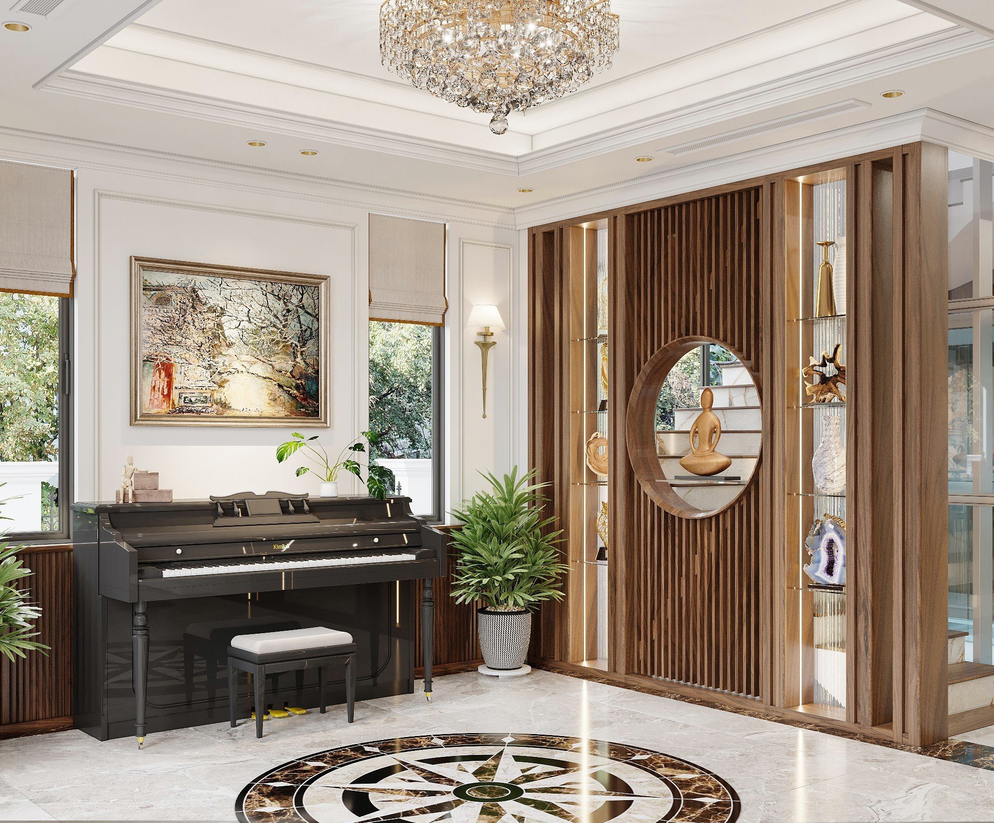 Mẫu vách ngăn phòng khách và cầu thang với khung gỗ tròn cutout và kệ kính