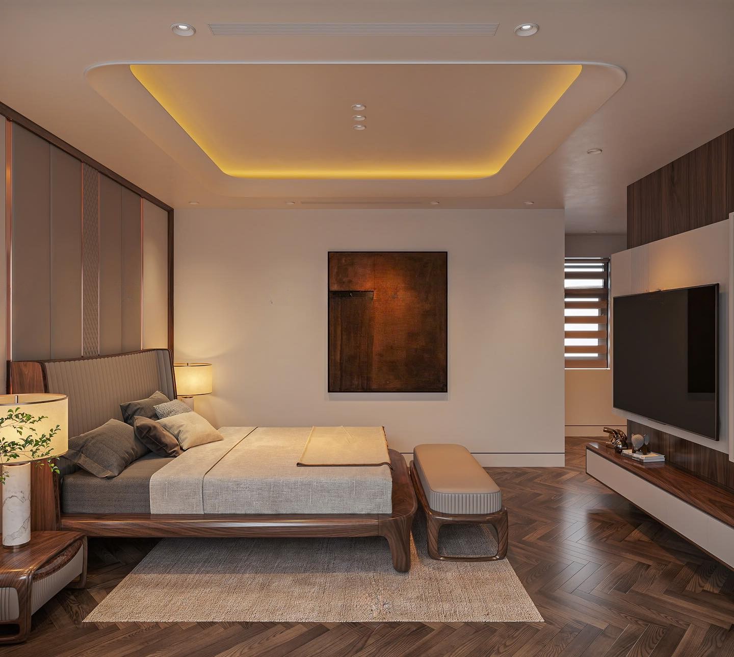 Nội thất giường ngủ gỗ óc chó dáng thấp với tựa đầu bọc da sang trọng