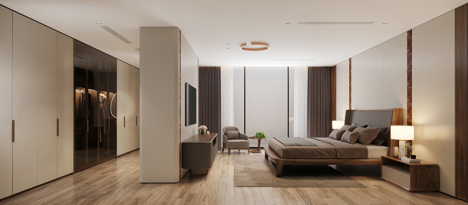 Phòng ngủ hiện đại với vách ngăn hộp laminate trắng viền veneer, kệ tivi xám đen, giường bọc nỉ đối diện và tủ áo acrylic – kính phía sau vách