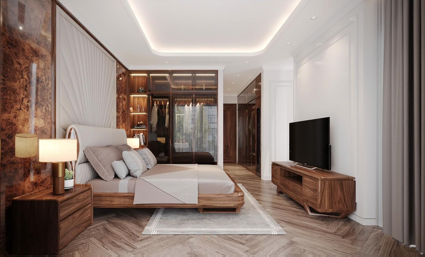 Nội thất phòng ngủ master hiện đại với giường khung hộp chân U thấp, tủ áo kính led và ốp veneer nu