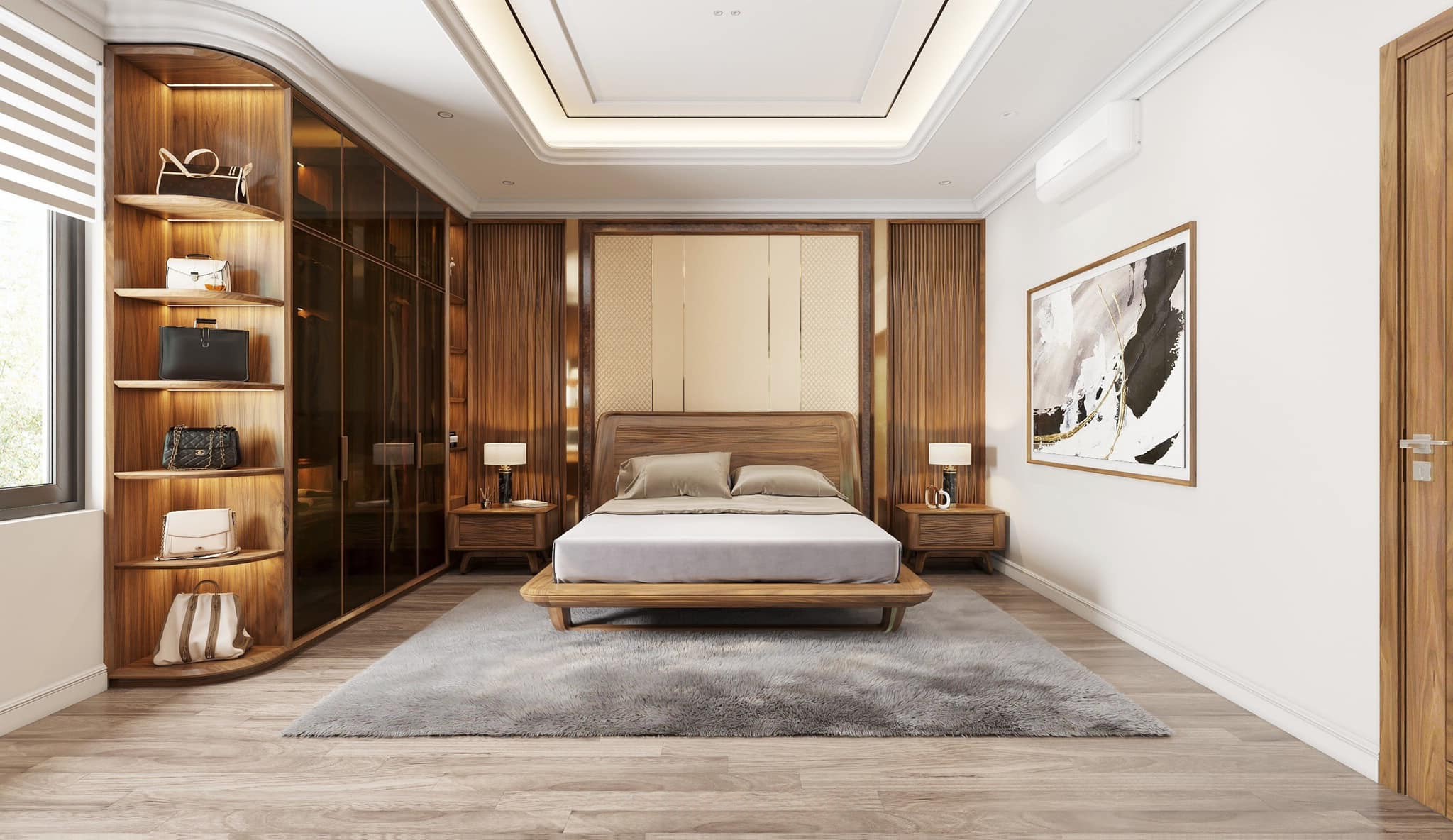 Phòng ngủ sang trọng tông nâu – trắng với tủ áo kính kịch trần, kệ 6 tầng vát cong, giường gỗ óc chó và vách lam xương cá
