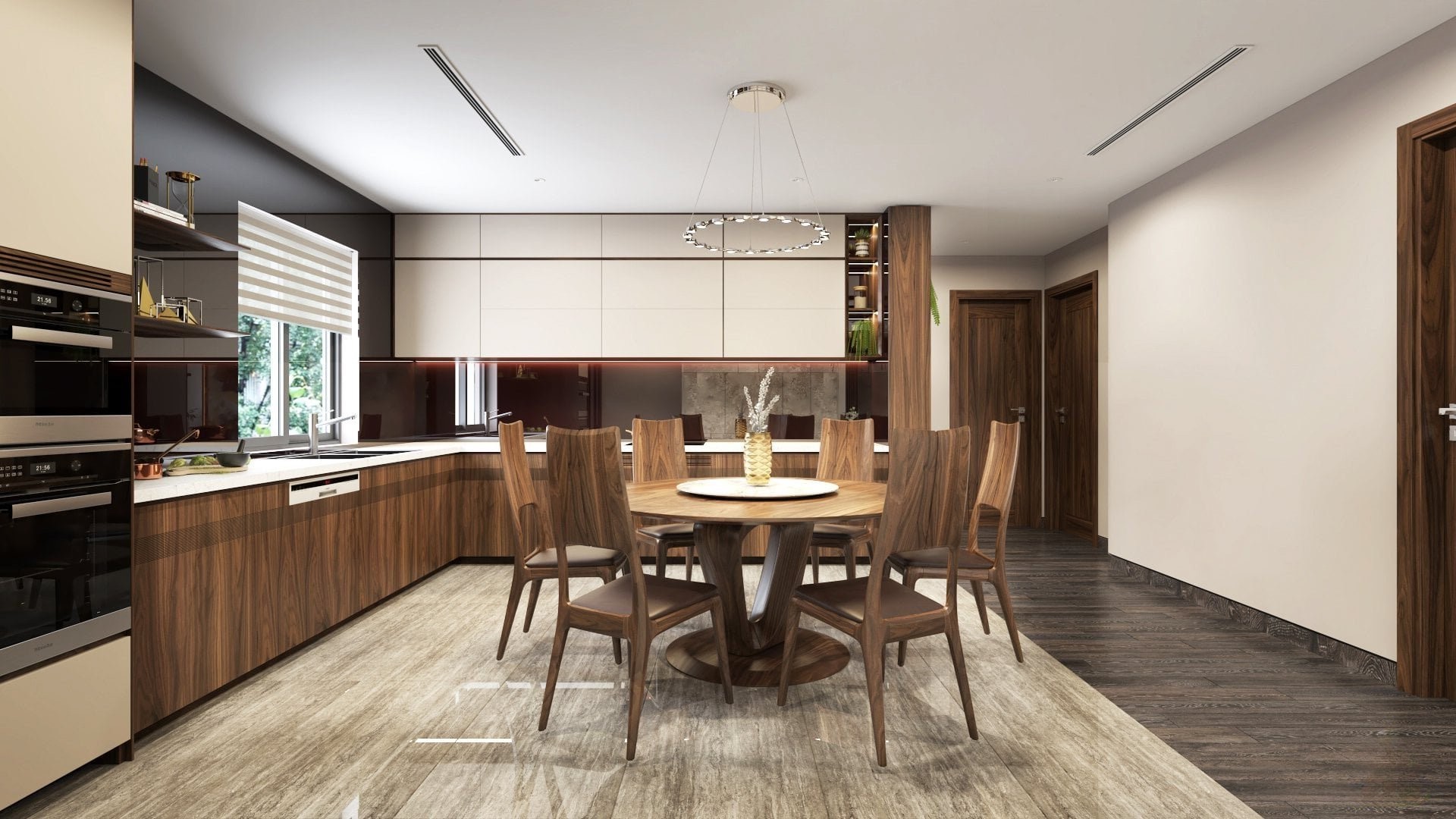 Phòng bếp đẹp hiện đại với tủ bếp chữ L và bàn ăn tròn 6 ghế sang trọng