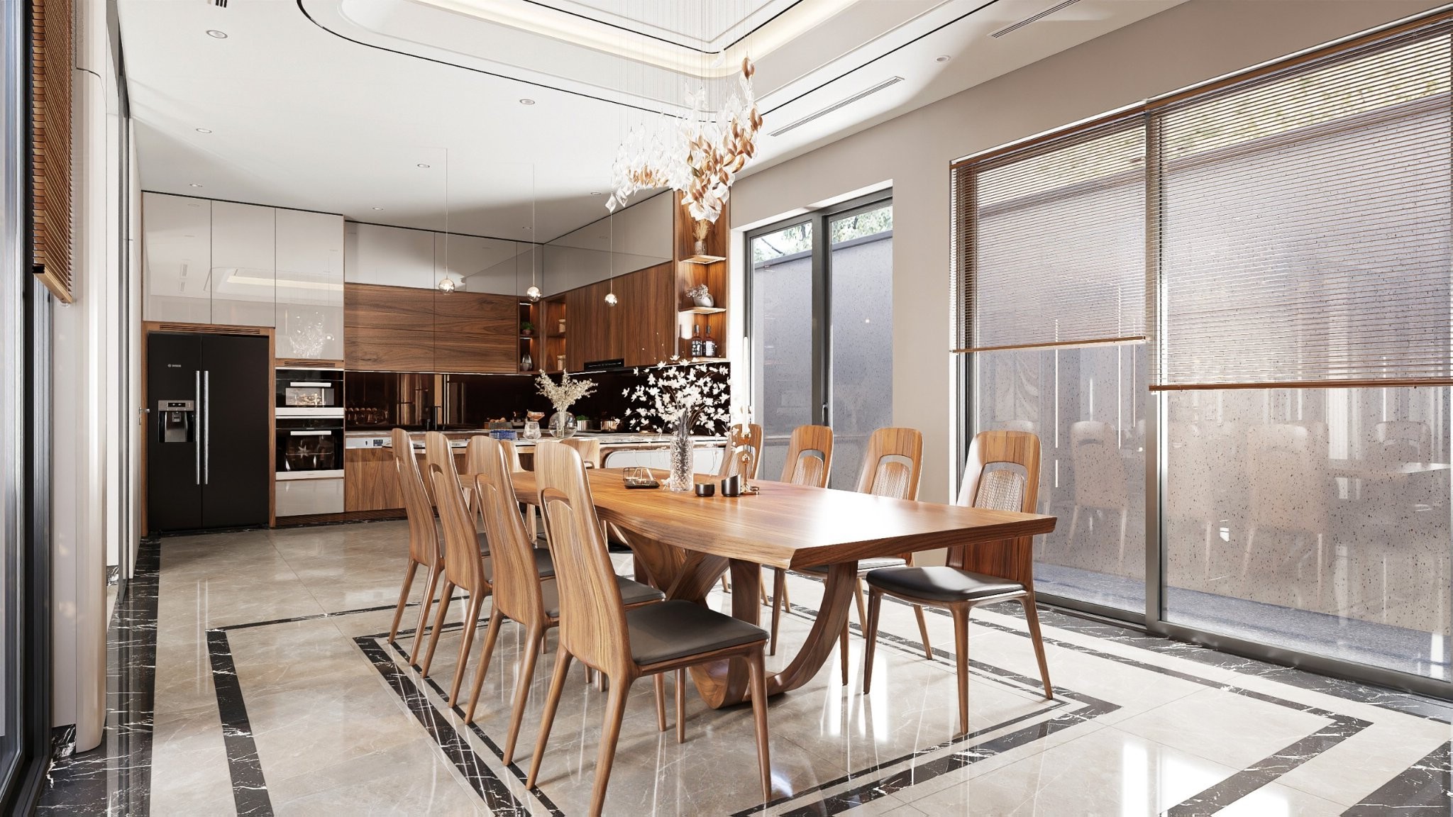 Phòng bếp hiện đại sang trọng với bàn ăn gỗ nguyên tấm và hệ tủ bếp chữ L gắn bàn bar