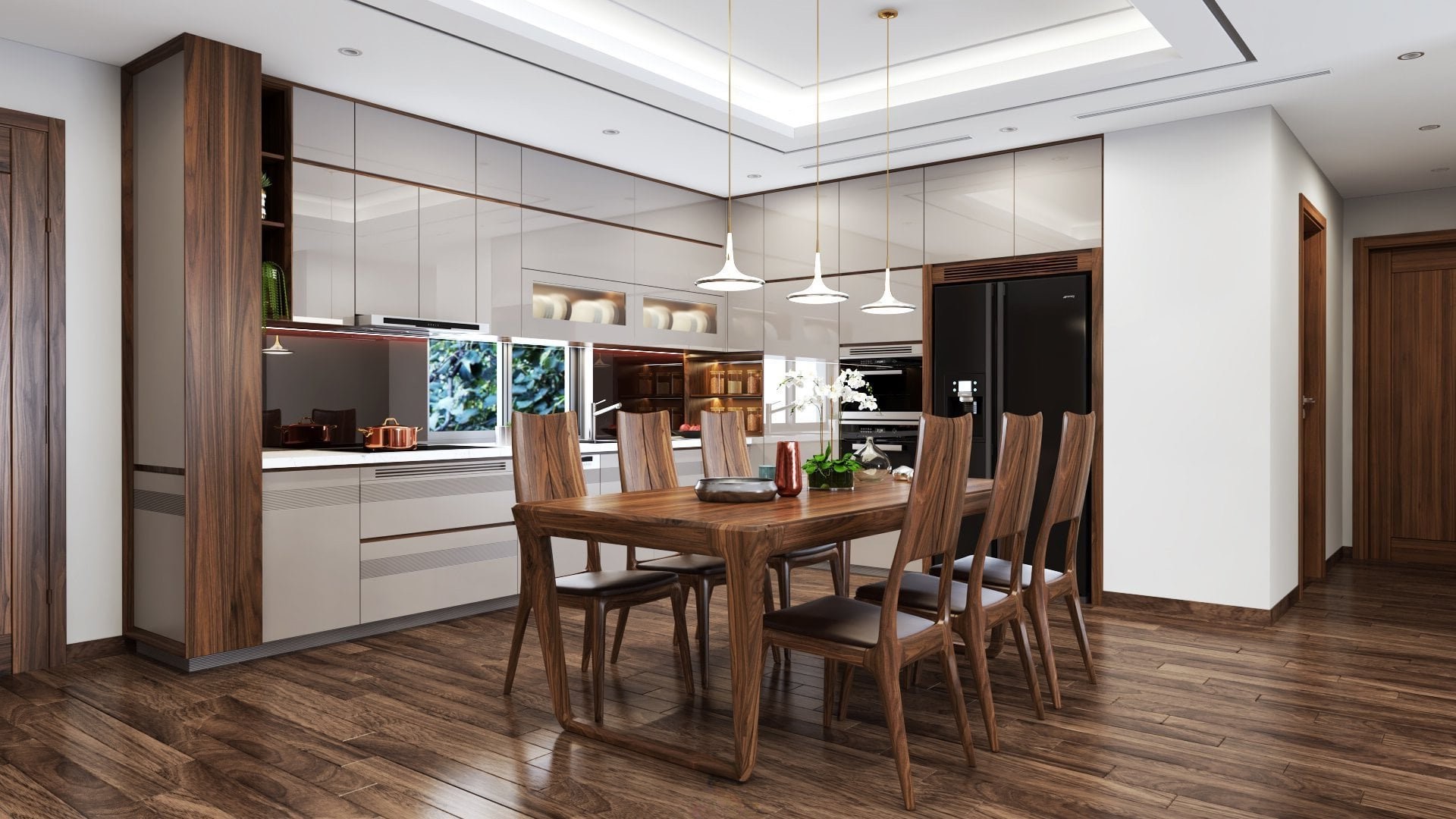 Phòng bếp hiện đại với tủ bếp chữ L acrylic trắng và bàn ăn gỗ óc chó