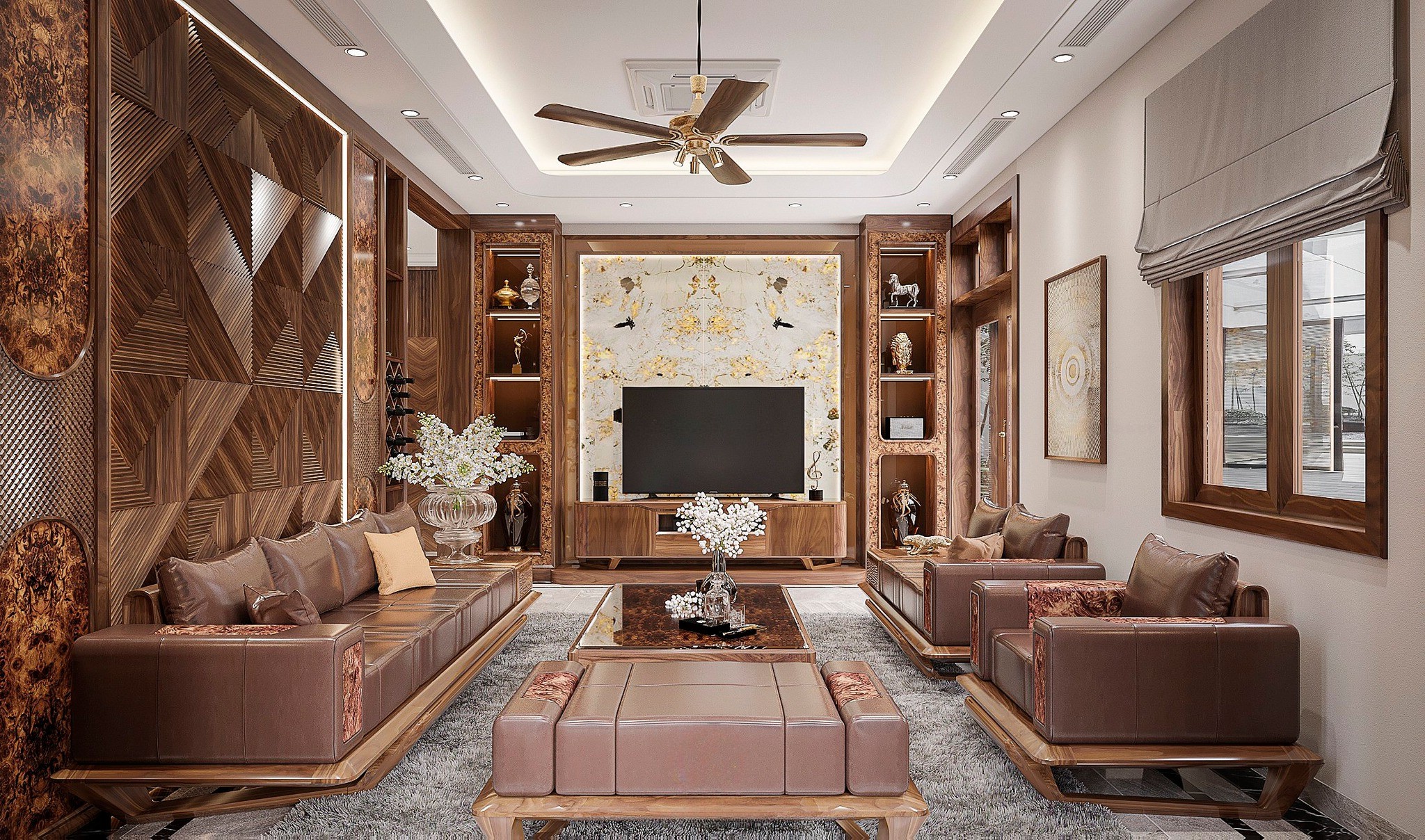 Phòng khách gỗ óc chó sang trọng với sofa chữ U và kệ tivi hiện đại