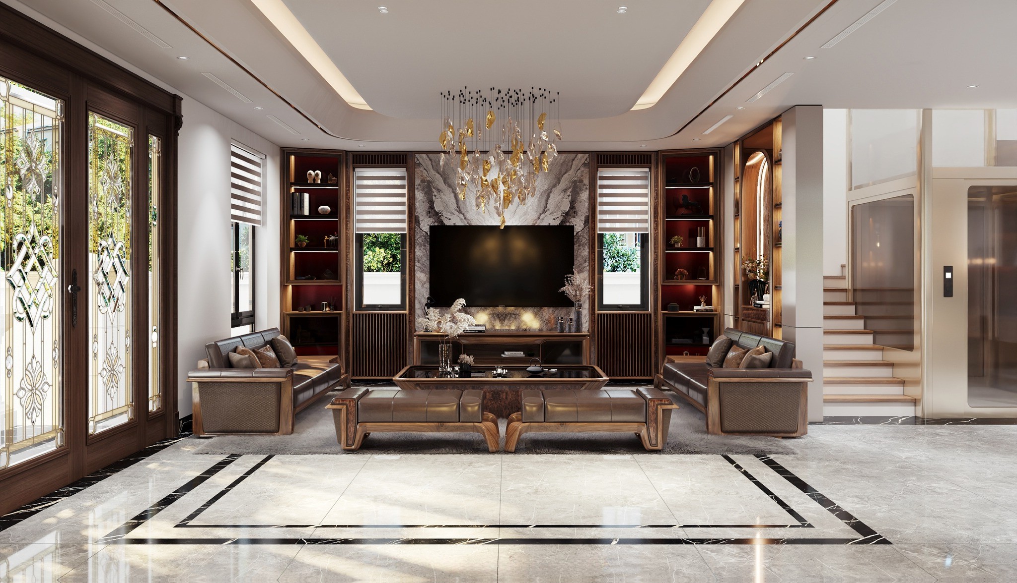 Phòng khách nhà ống 5m có cầu thang với sofa chữ U, bàn trà kính và vách đá vân mây