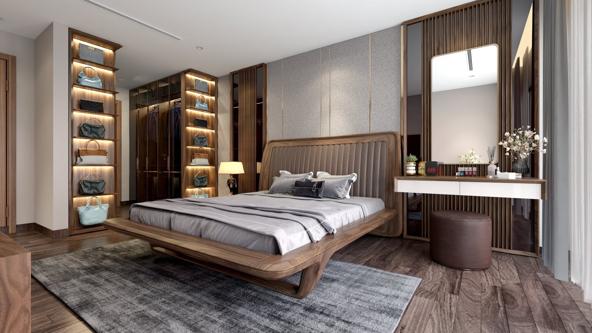 Phòng ngủ gỗ óc chó đẹp sang trọng và ấm cúng