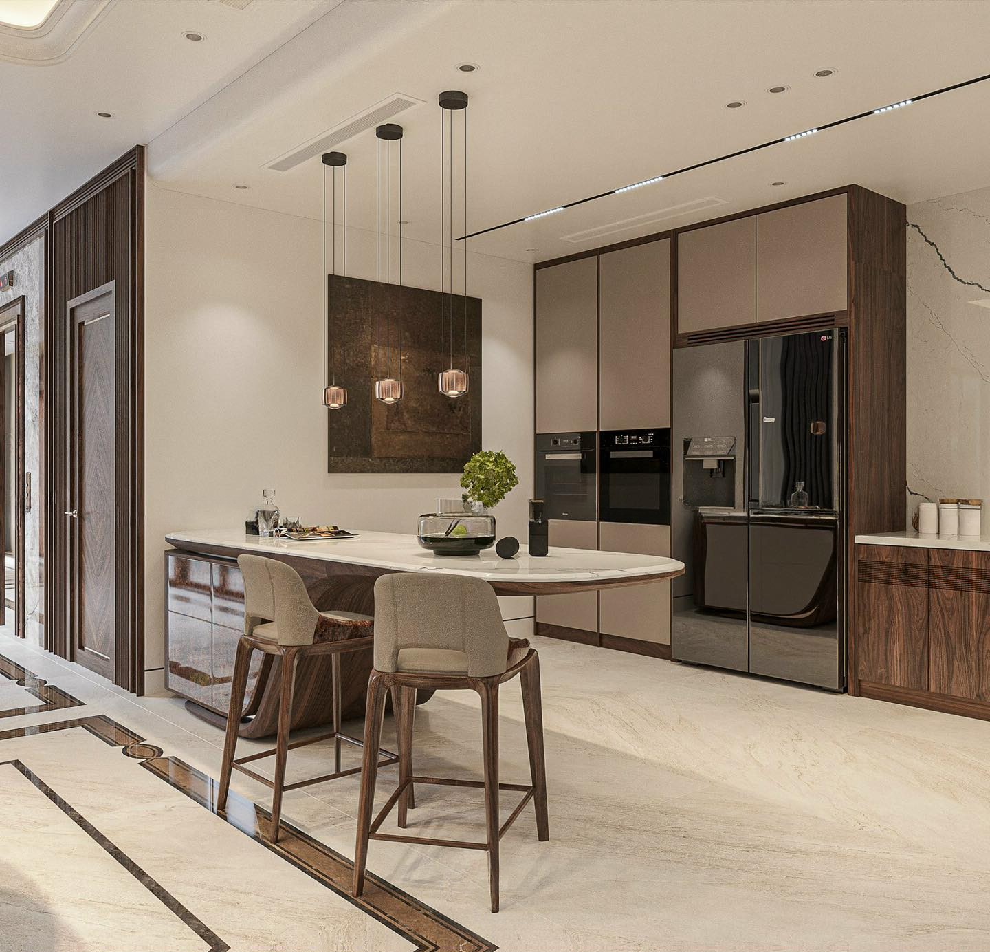 Quầy bar bếp gỗ hiện đại mặt đá granite trắng vân xám tiện nghi