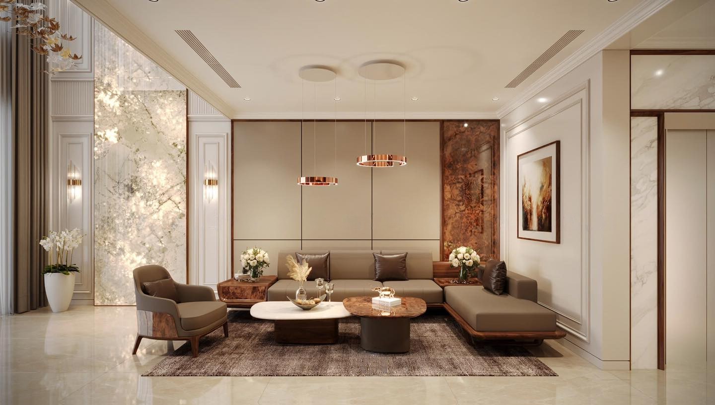 Sofa chữ L gỗ óc chó hiện đại bố trí linh hoạt
