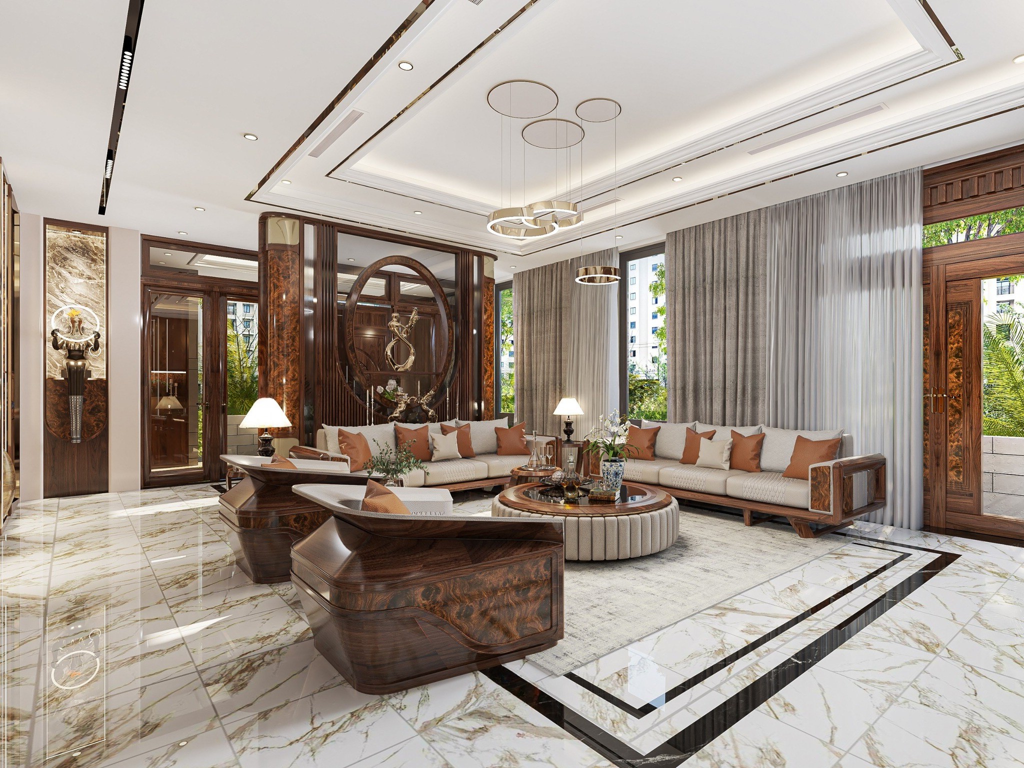 Sofa gỗ cao cấp phòng khách với 2 văng 3 chỗ, ghế đơn và bàn trà tròn