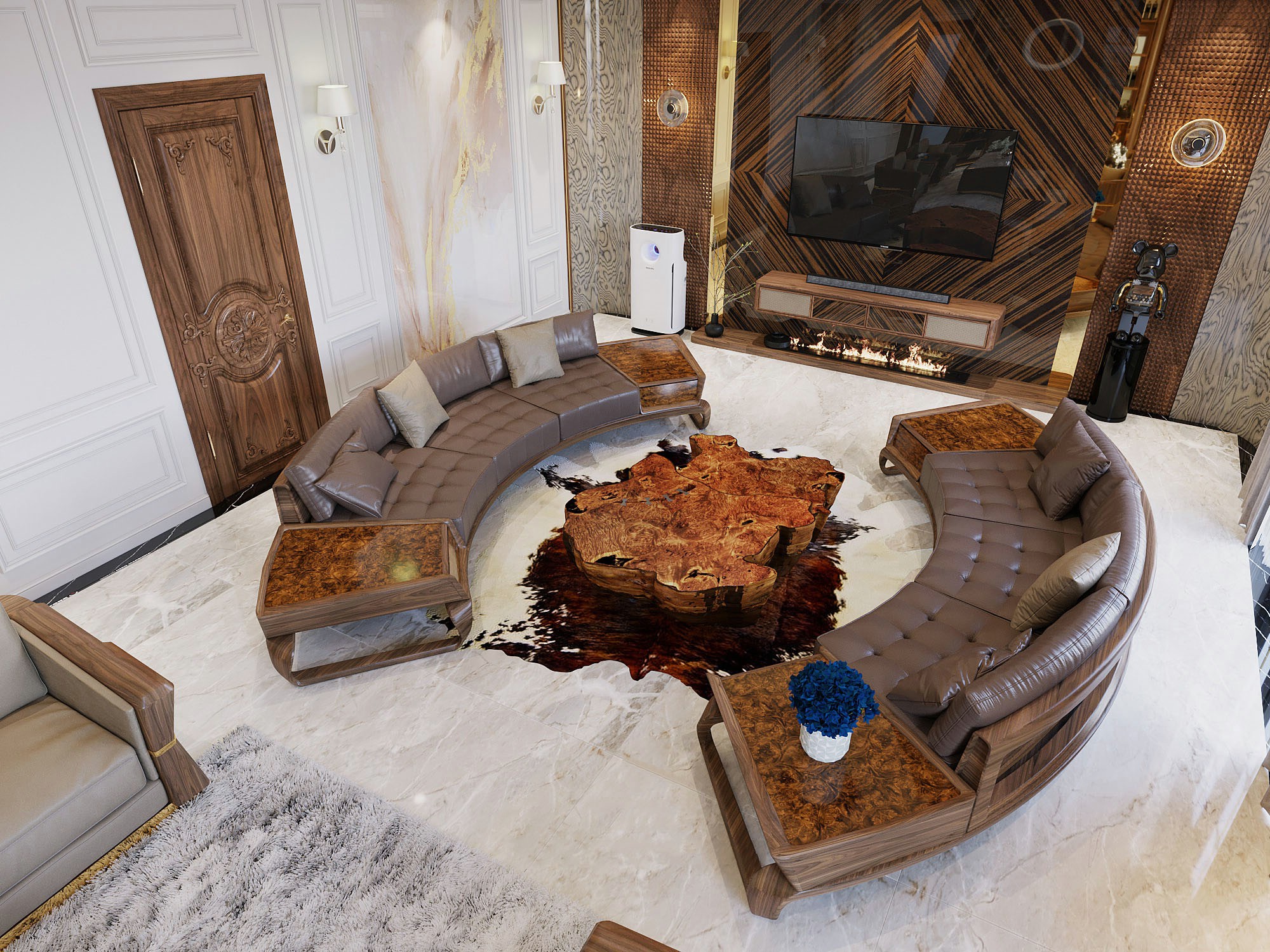 Sofa gỗ da hiện đại hình bán nguyệt với bàn trà gỗ nguyên khối sang trọng