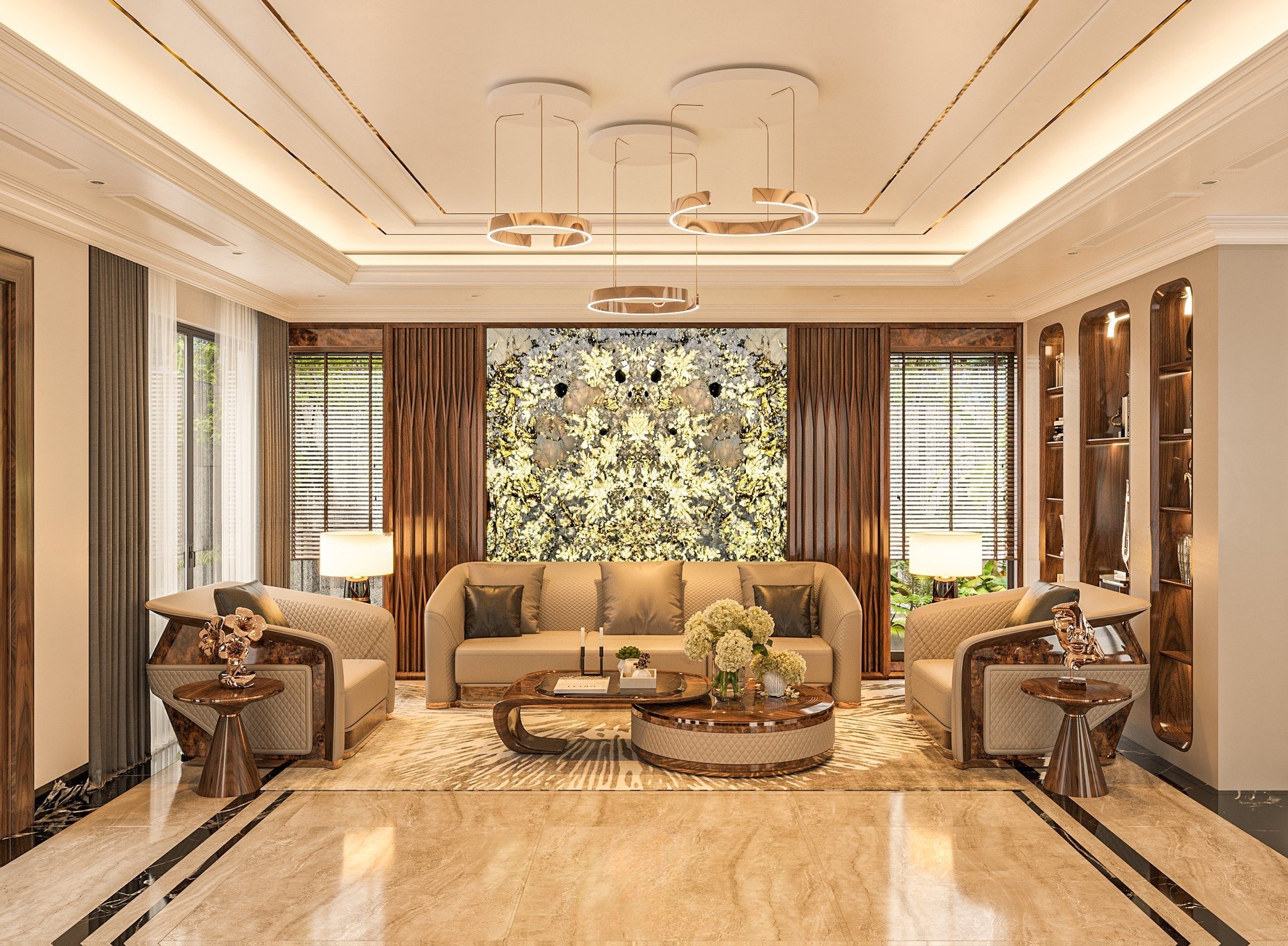 Sofa gỗ da hiện đại với văng 3 chỗ và ghế đơn ốp veneer óc chó