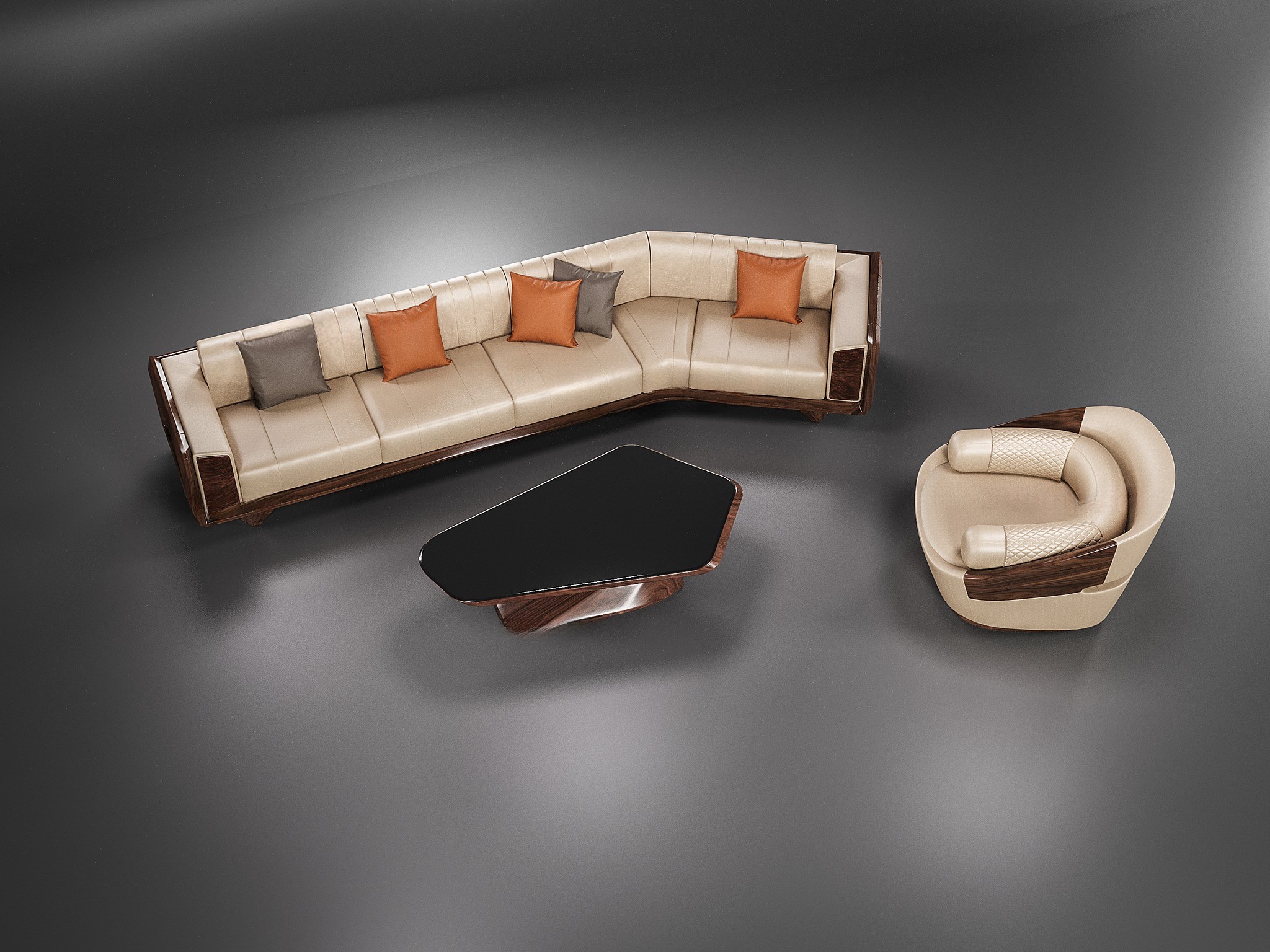 Sofa gỗ đẹp chữ I gấp khúc với ghế đơn và bàn trà mặt kính đen