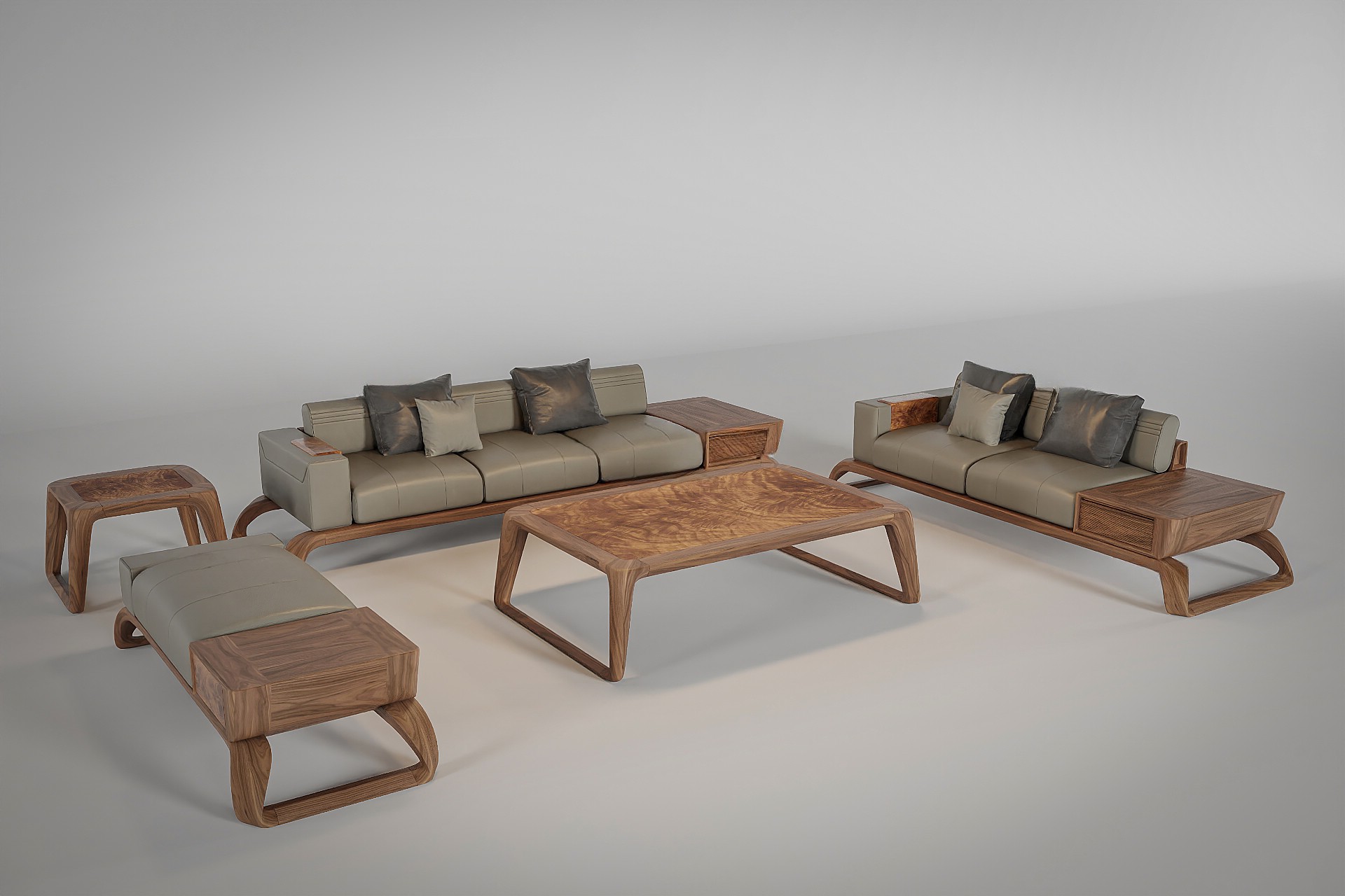 Sofa gỗ đơn giản bằng gỗ óc chó tự nhiên kết hợp đệm da ghi đá hiện đại