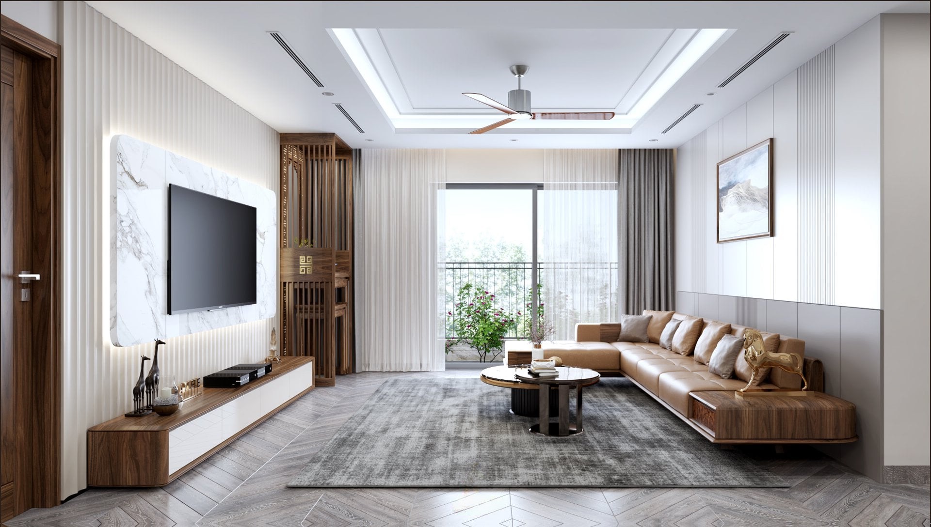 Sofa gỗ óc chó chữ L hiện đại với bàn trà mặt đá đen