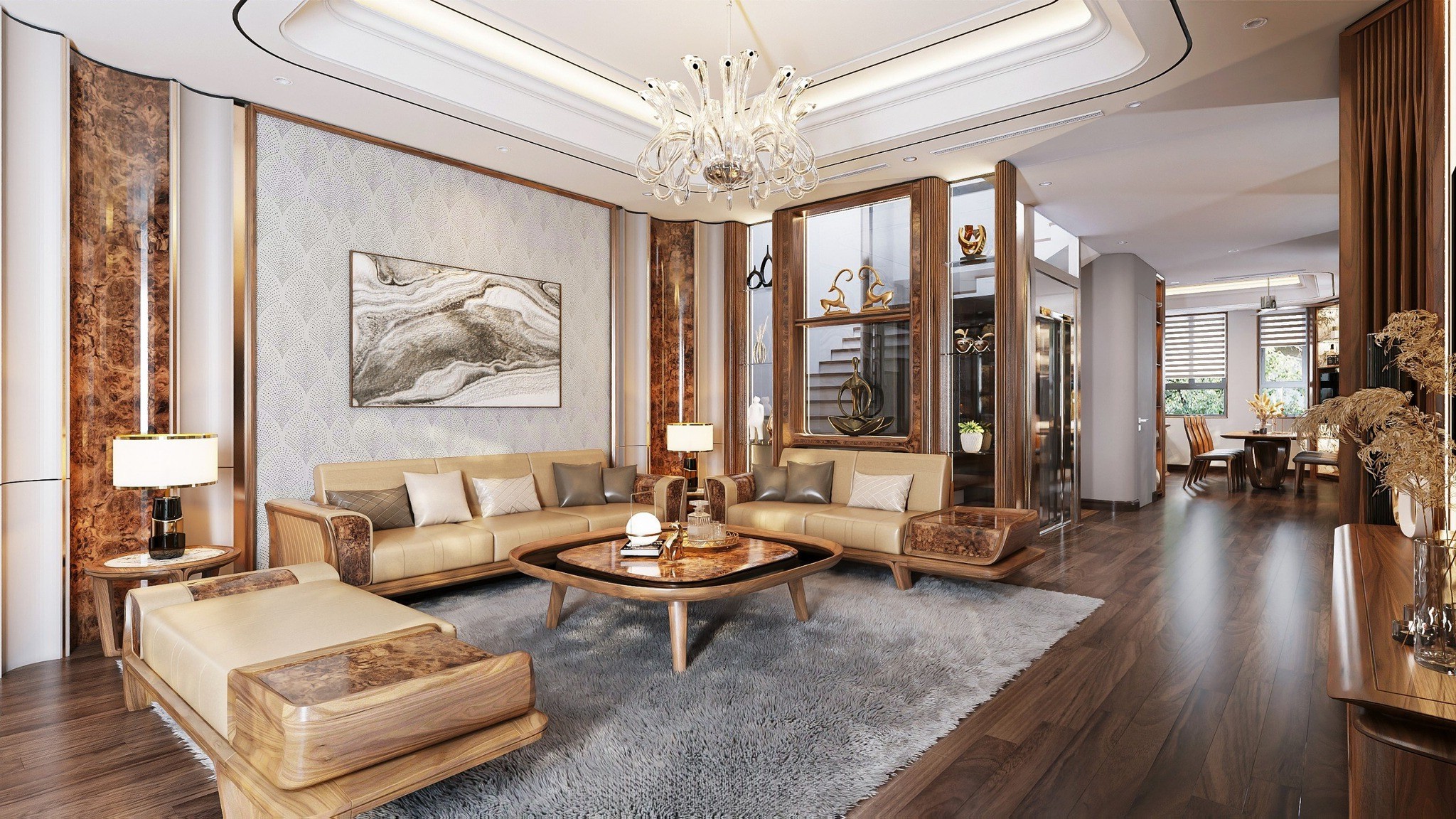 Sofa gỗ óc chó đẹp hiện đại với bàn trà veneer nu viền kính
