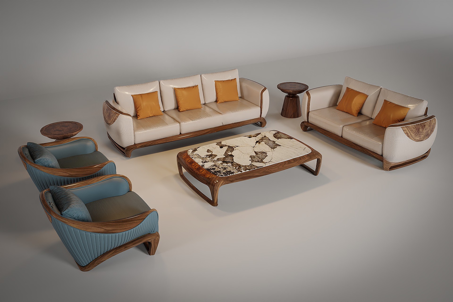 Sofa gỗ óc chó thiết kế chữ U phối da bò cao cấp